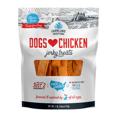 Farmland Traditions packaging featuring chicken jerky for dogs, ideal for training rewards.