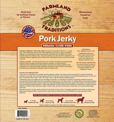 Farmland Traditions pork jerky close-up highlighting savory aroma dogs crave during training.
