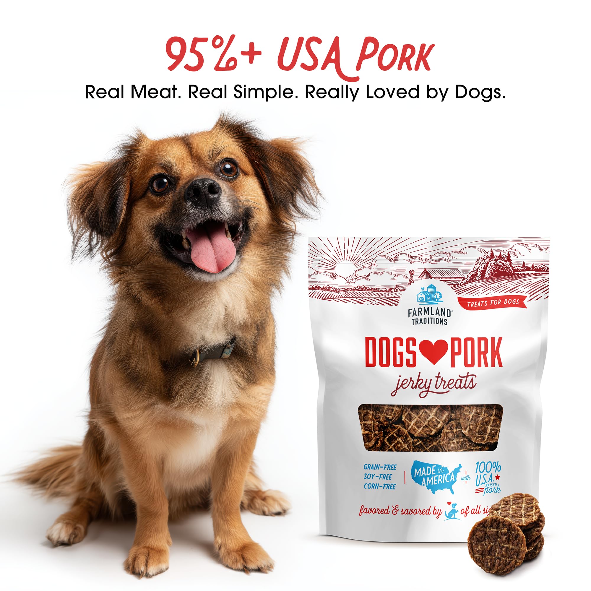 Farmland Traditions pork jerky dog treats serve-ready — easy to portion for training.