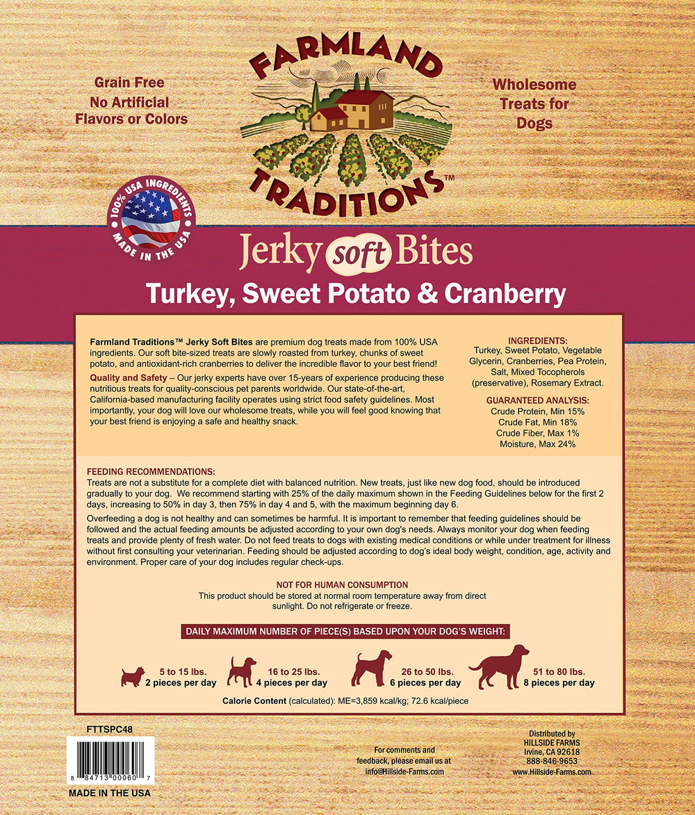 Farmland Traditions soft jerky bite texture close-up highlights tender, grain-free dog treats.