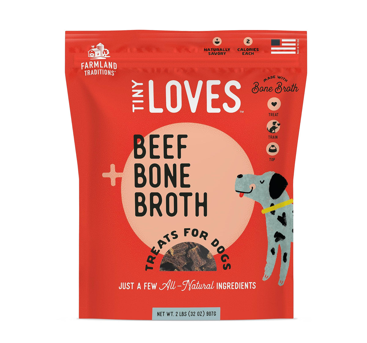 Farmland Traditions Tiny Loves Jerky Trainer packaging shows USA-made quality and bone broth appeal.