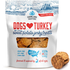 Farmland Traditions turkey-sweet-potato-jerky-bag close-up shows premium protein for dogs.