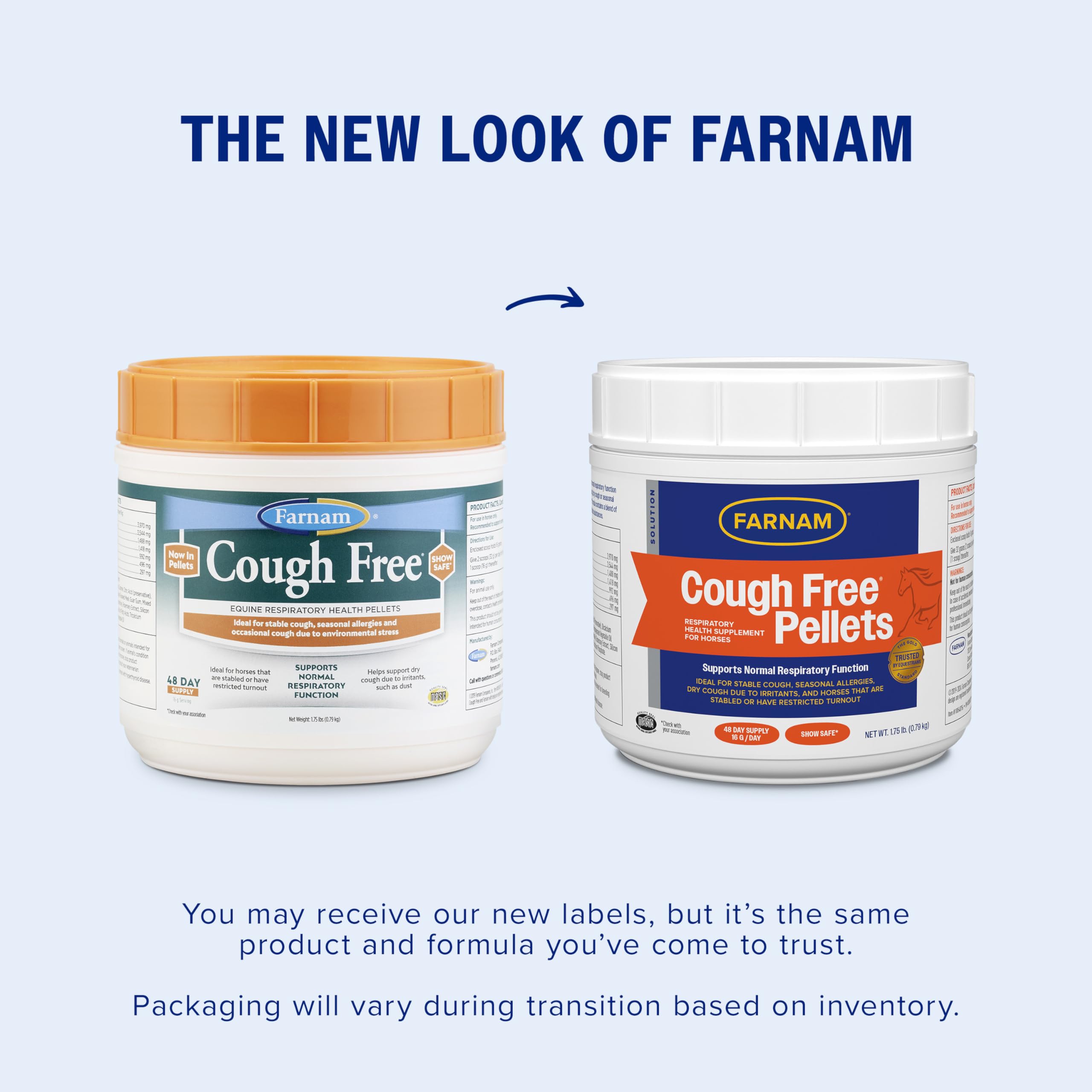 Farnam Cough Free pellets bottle side view to highlight packaging and dosage ease