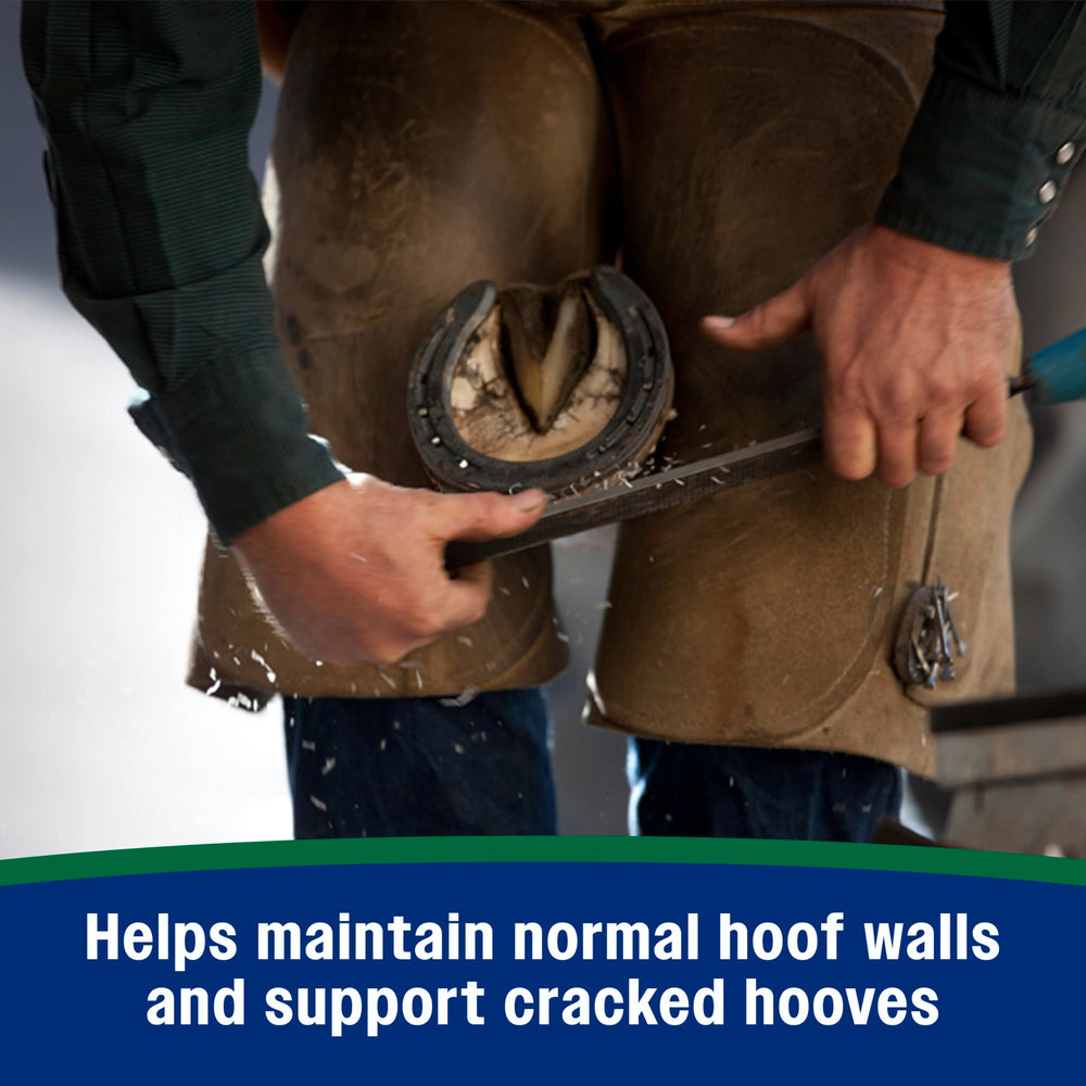 Farnam Horseshoer’s Secret cracked-hoof support through biotin and minerals for stronger hooves.