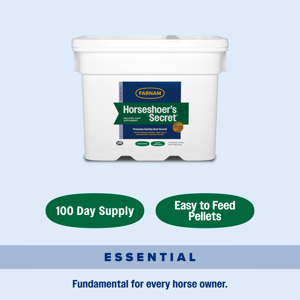 Farnam Horseshoer’s Secret pellets mix into grain for easy daily hoof nutrition.