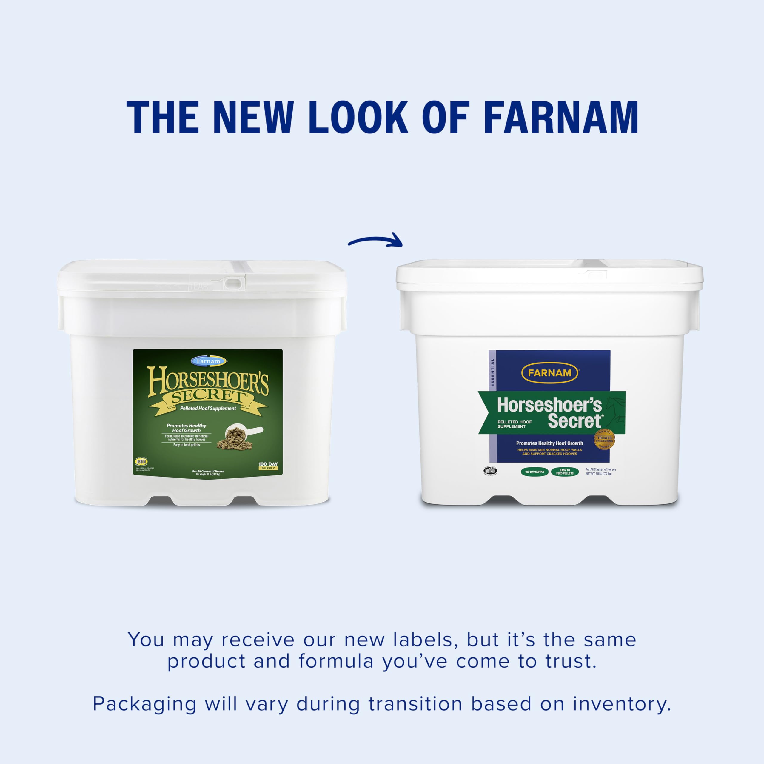Farnam Horseshoer’s Secret palatable alfalfa-based pellets mix easily with grain for steady hoof care.
