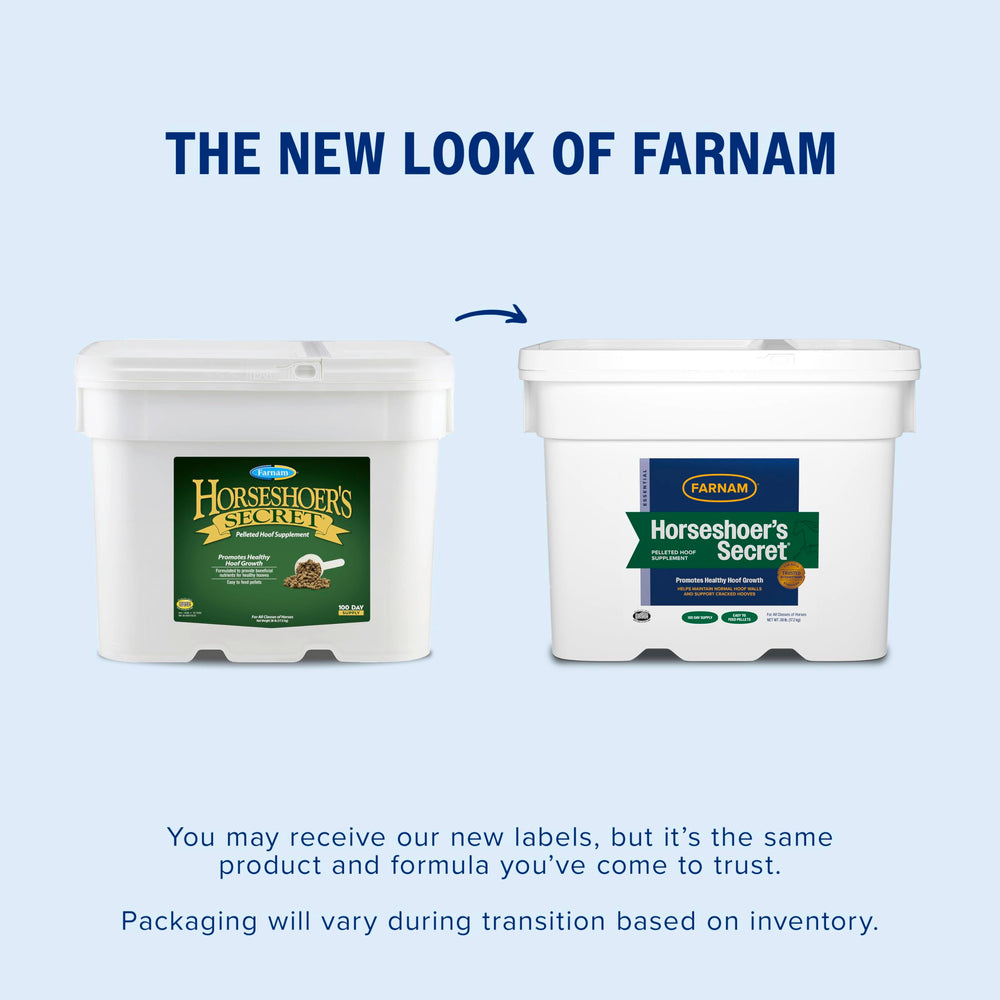 Farnam Horseshoer’s Secret palatable alfalfa-based pellets mix easily with grain for steady hoof care.