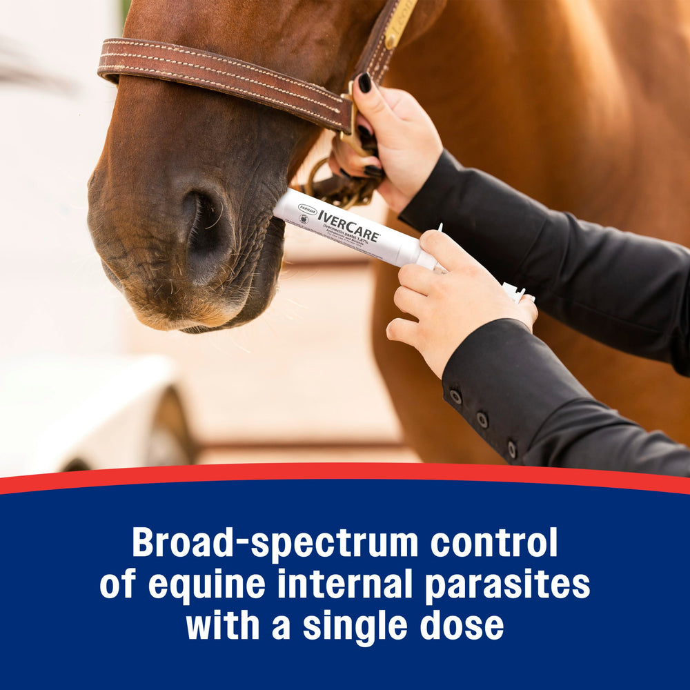 Farnam IverCare apple flavor paste highlighting horse-friendly taste during administration.