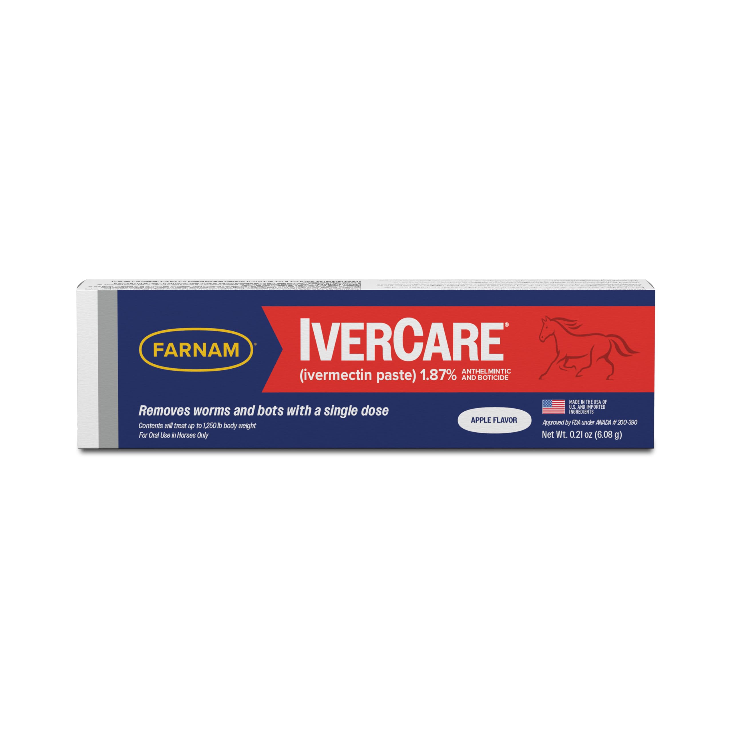 Farnam IverCare paste syringe ready for single-dose parasite control in a 1,250-lb horse.