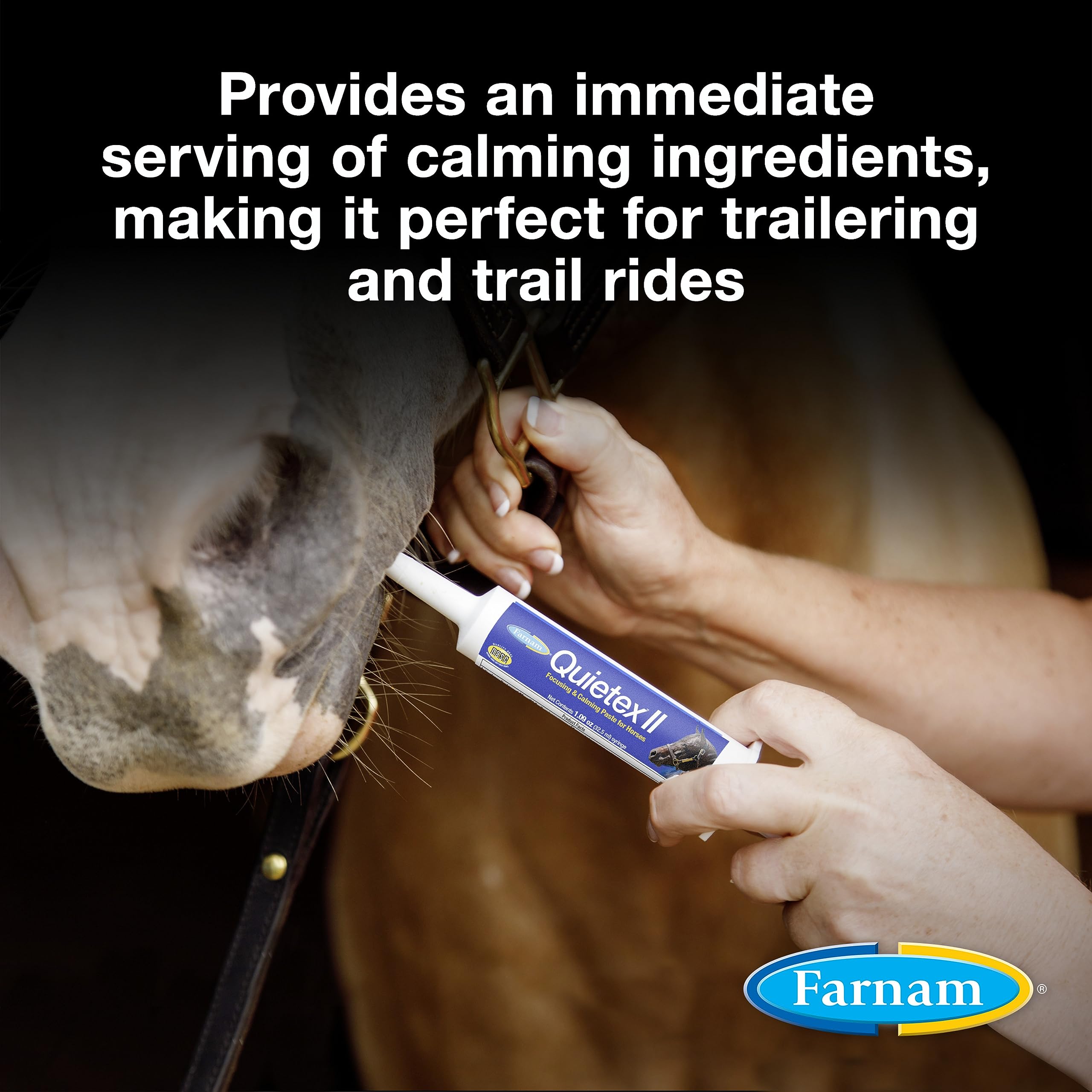 Dosing Farnam Quietex II paste into a syringe for immediate calming aid before travel