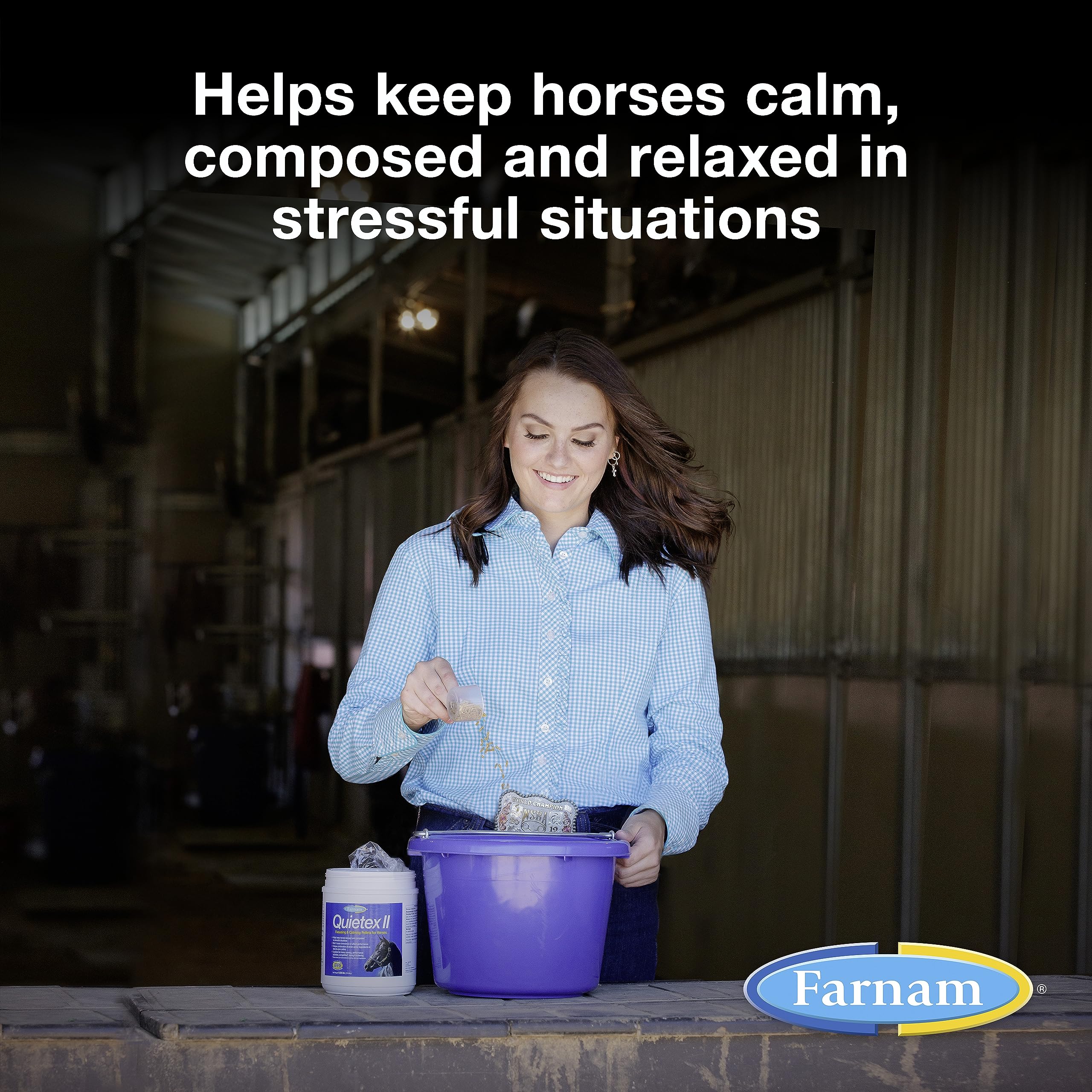Farnam Quietex II daily-ration image shows palatable pellets blending with grain