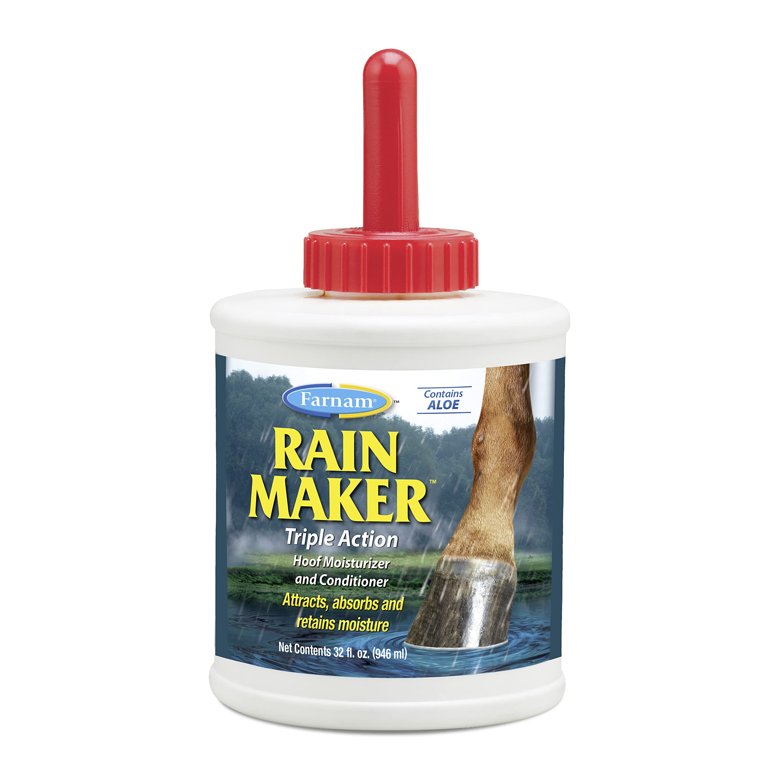 Farnam Rain Maker hoof oil bottle highlighting moisture-boosting formula for strong, pliable hooves