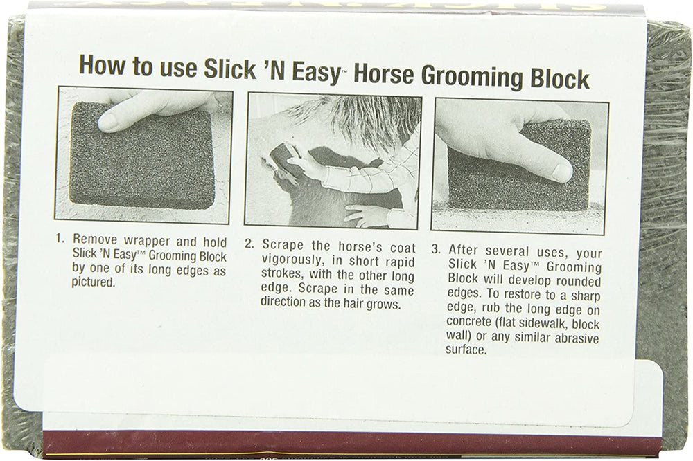 Farnam Slick 'N Easy block held in hand demonstrates portable grooming at the stable.