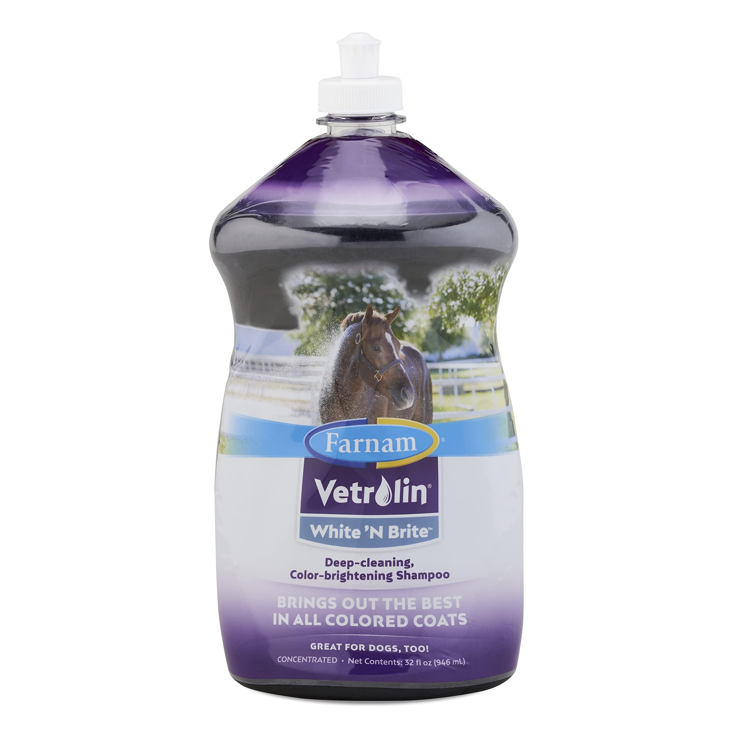 Farnam Vetrolin White N Brite Shampoo bottle shows color brightening and coat conditioning.