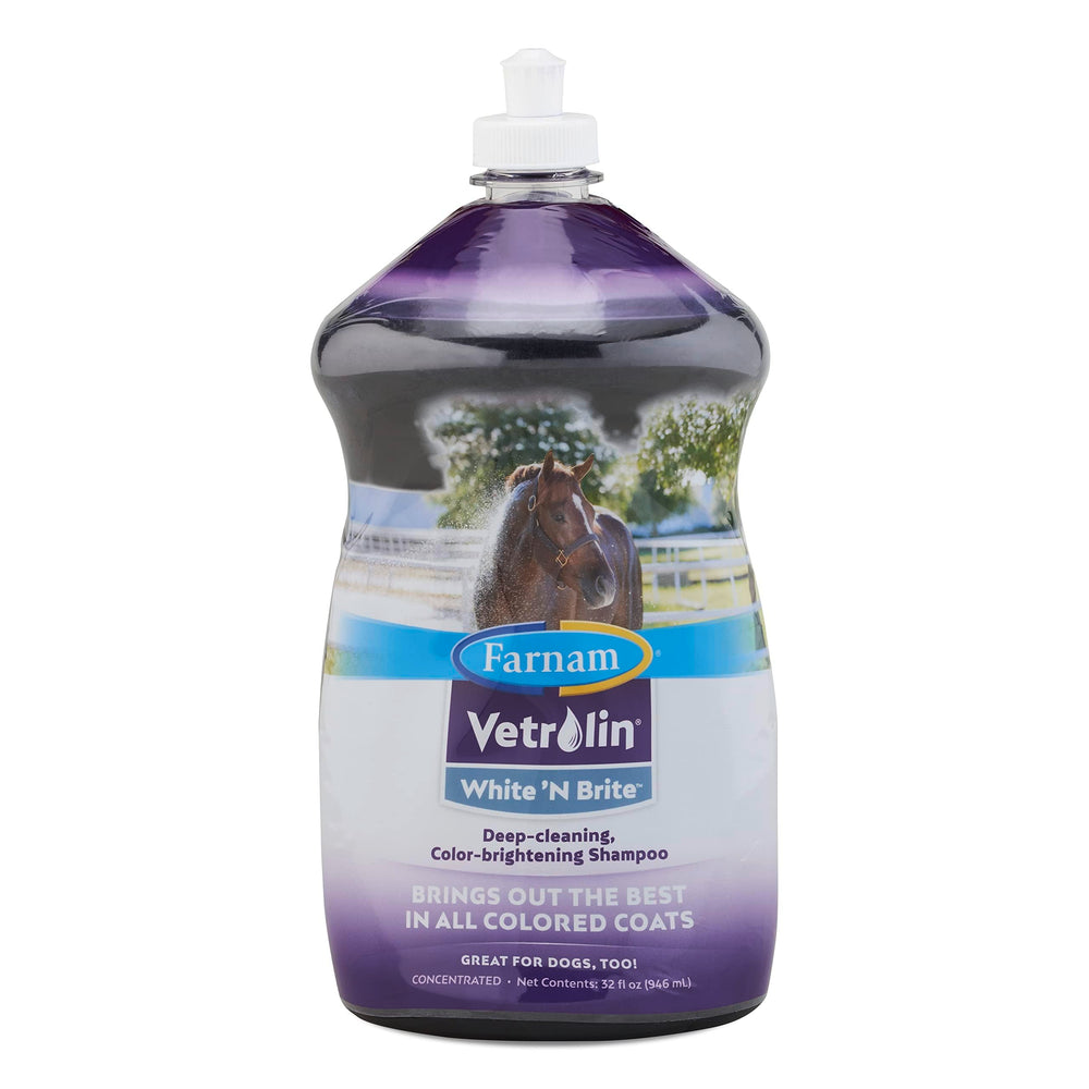 Farnam Vetrolin White N Brite Shampoo bottle shows color brightening and coat conditioning.