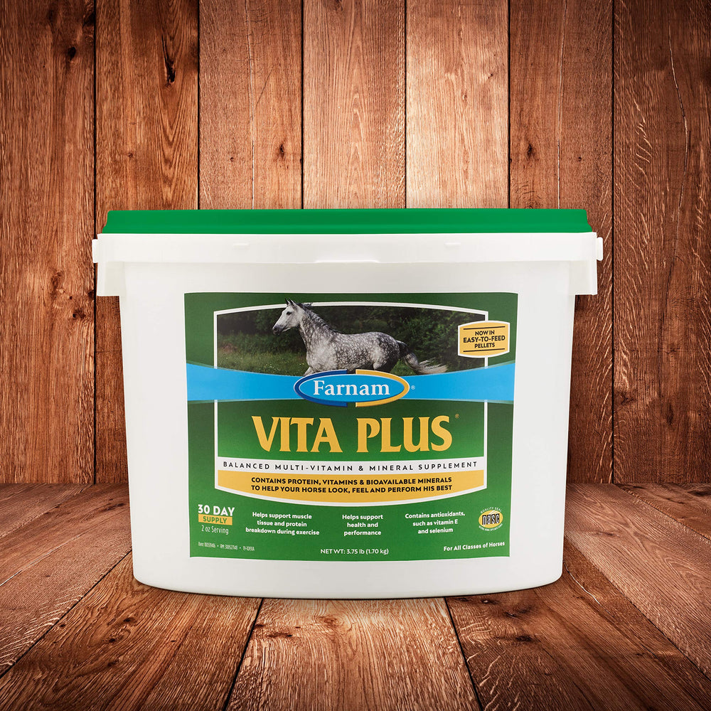 Farnam Vita Plus pellets in feed bowl, supports normal metabolism and muscle function