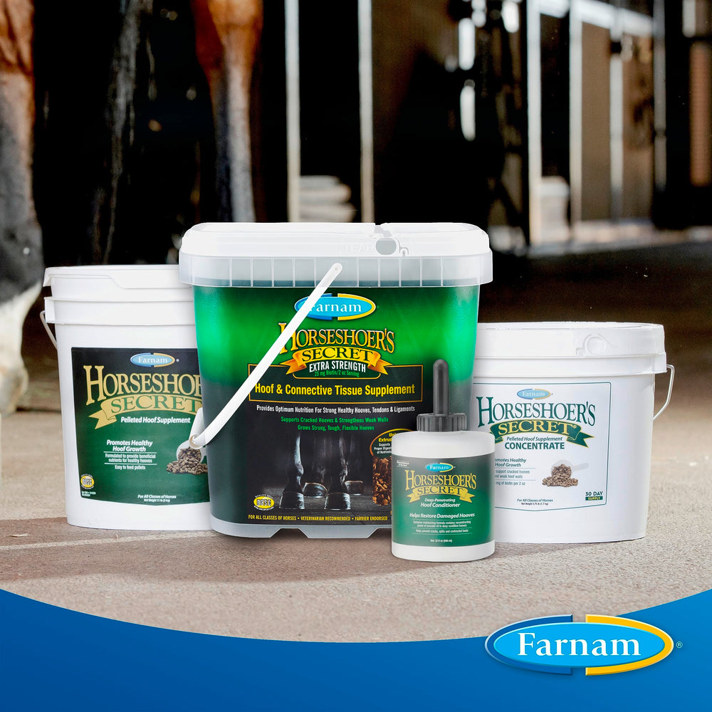 Farnam Horseshoer's Secret Extra Strength 60-day supply emphasizes long-term hoof care.
