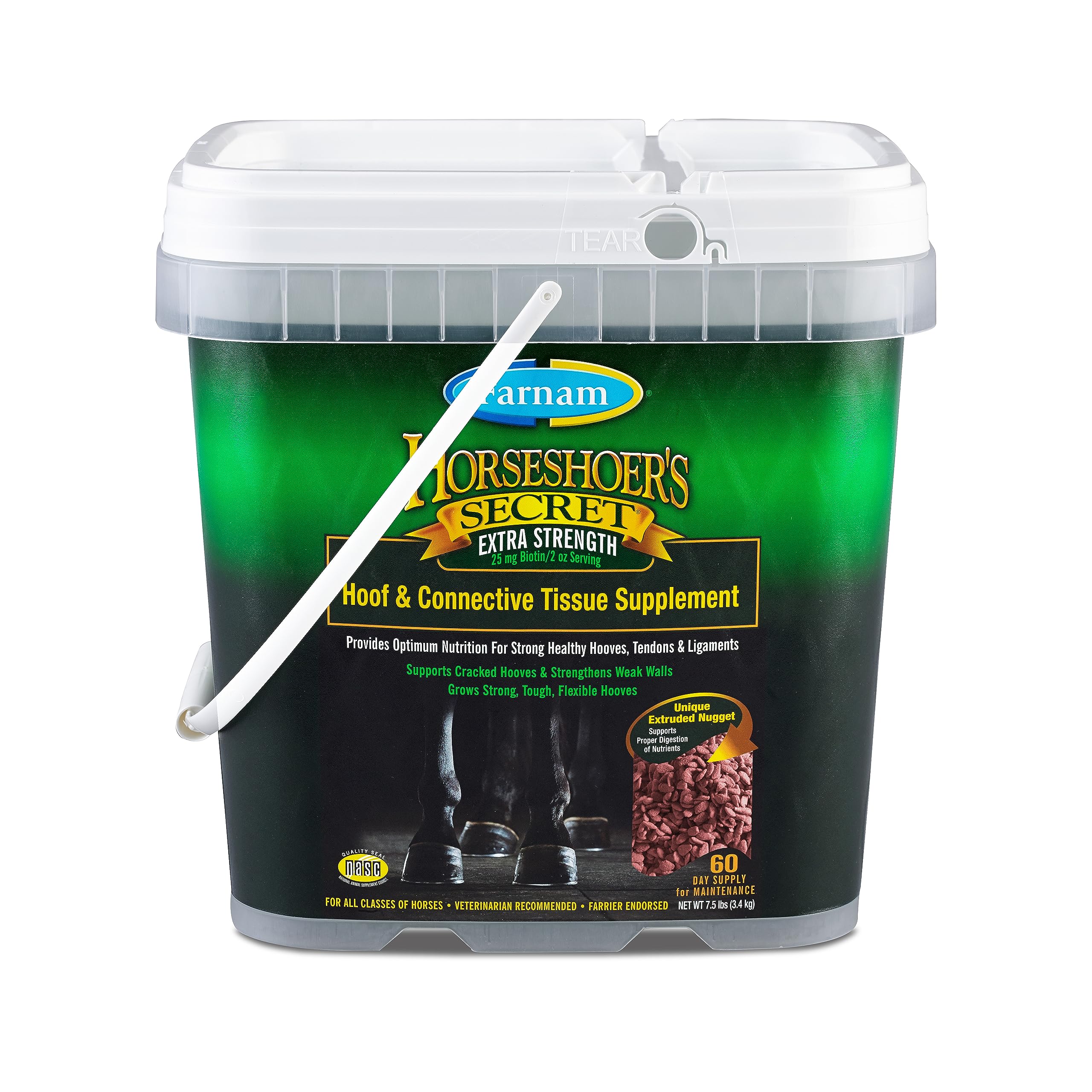 Farnam Horseshoer's Secret Extra Strength bottle highlights hoof support benefits.