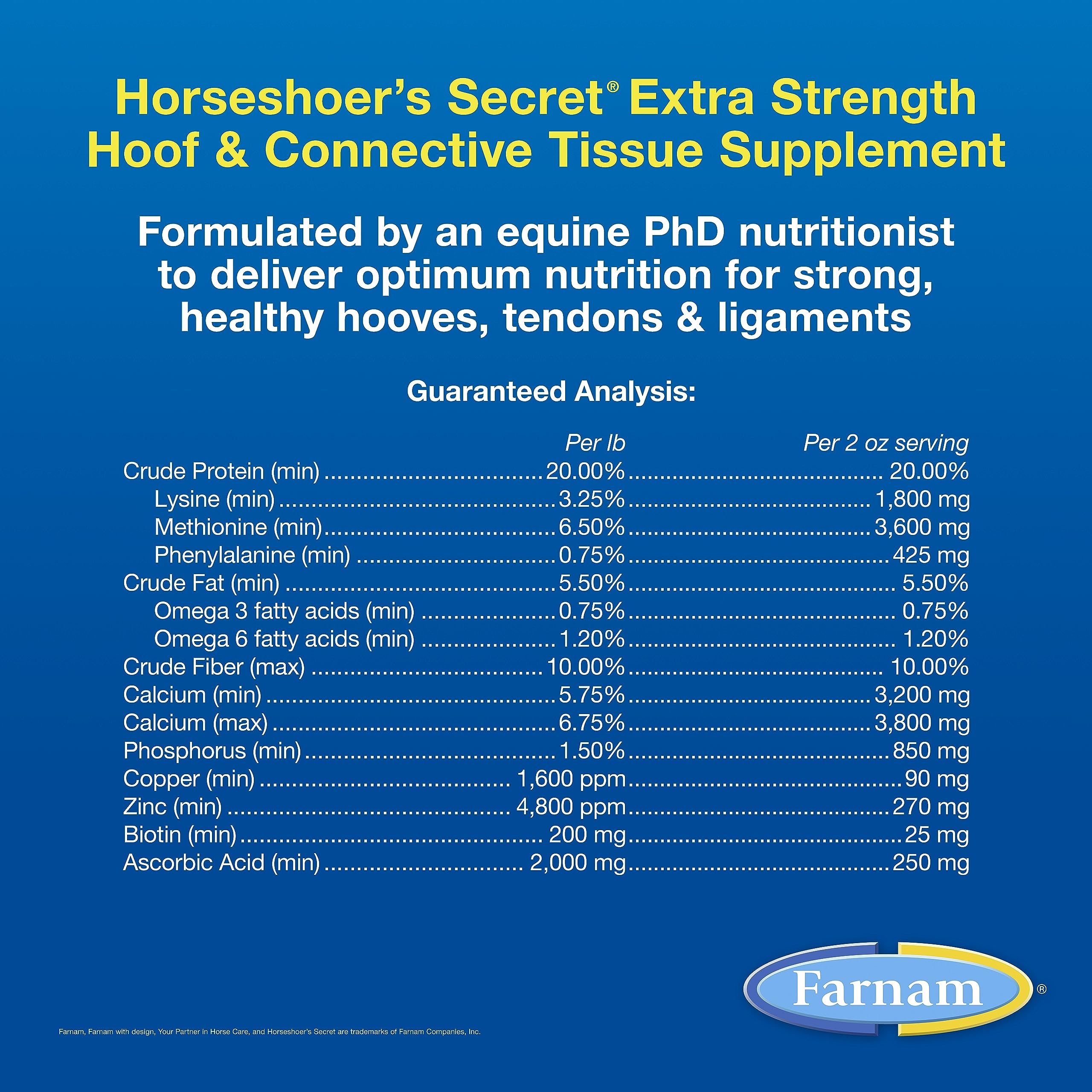 Farnam Horseshoer's Secret Extra Strength label panel with key nutrients for hoof health.