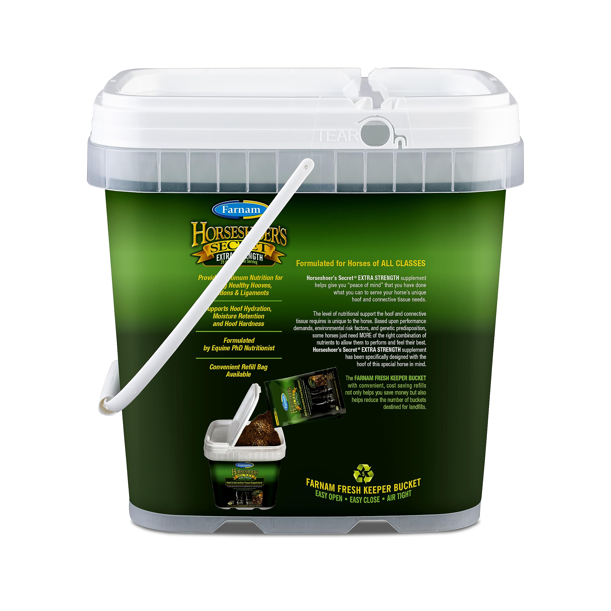 Farnam Horseshoer's Secret Extra Strength stable bucket shot suggests consistent daily dosing.