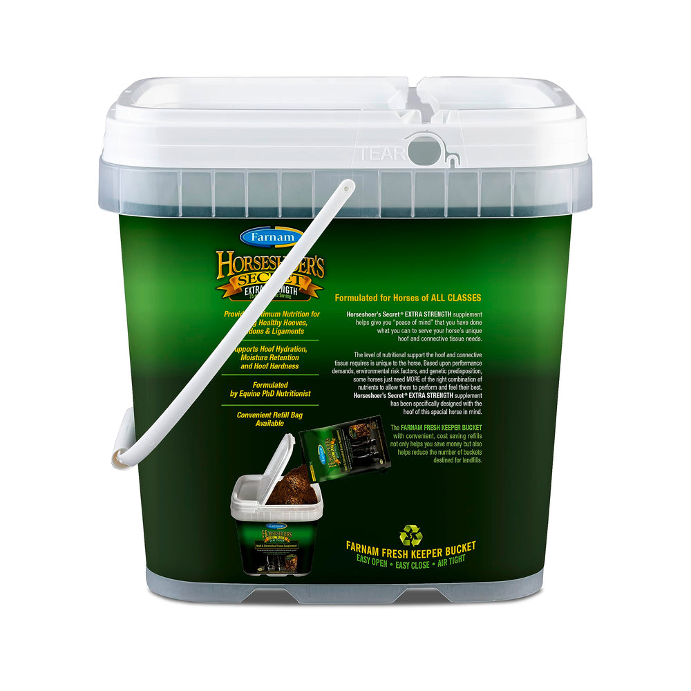 Farnam Horseshoer's Secret Extra Strength stable bucket shot suggests consistent daily dosing.