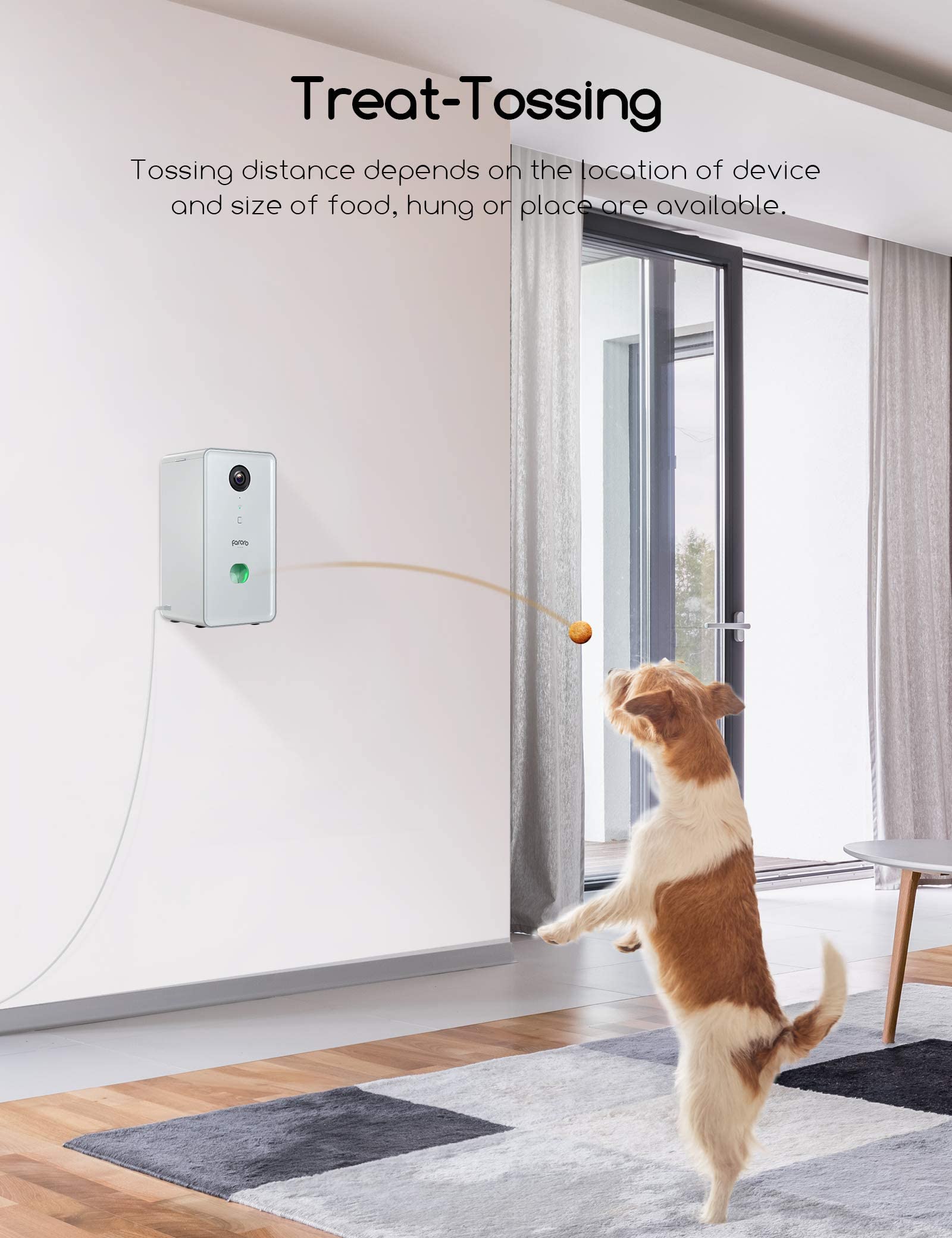 Faroro dog camera treat-dispensing action enables remote rewards during playtime.