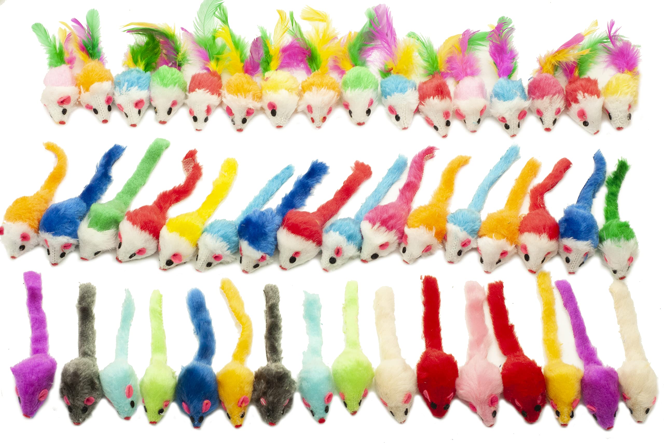 Fashion's Talk 48-count mice toys pack for indoor cats with fuzzy textures and colorful variety.