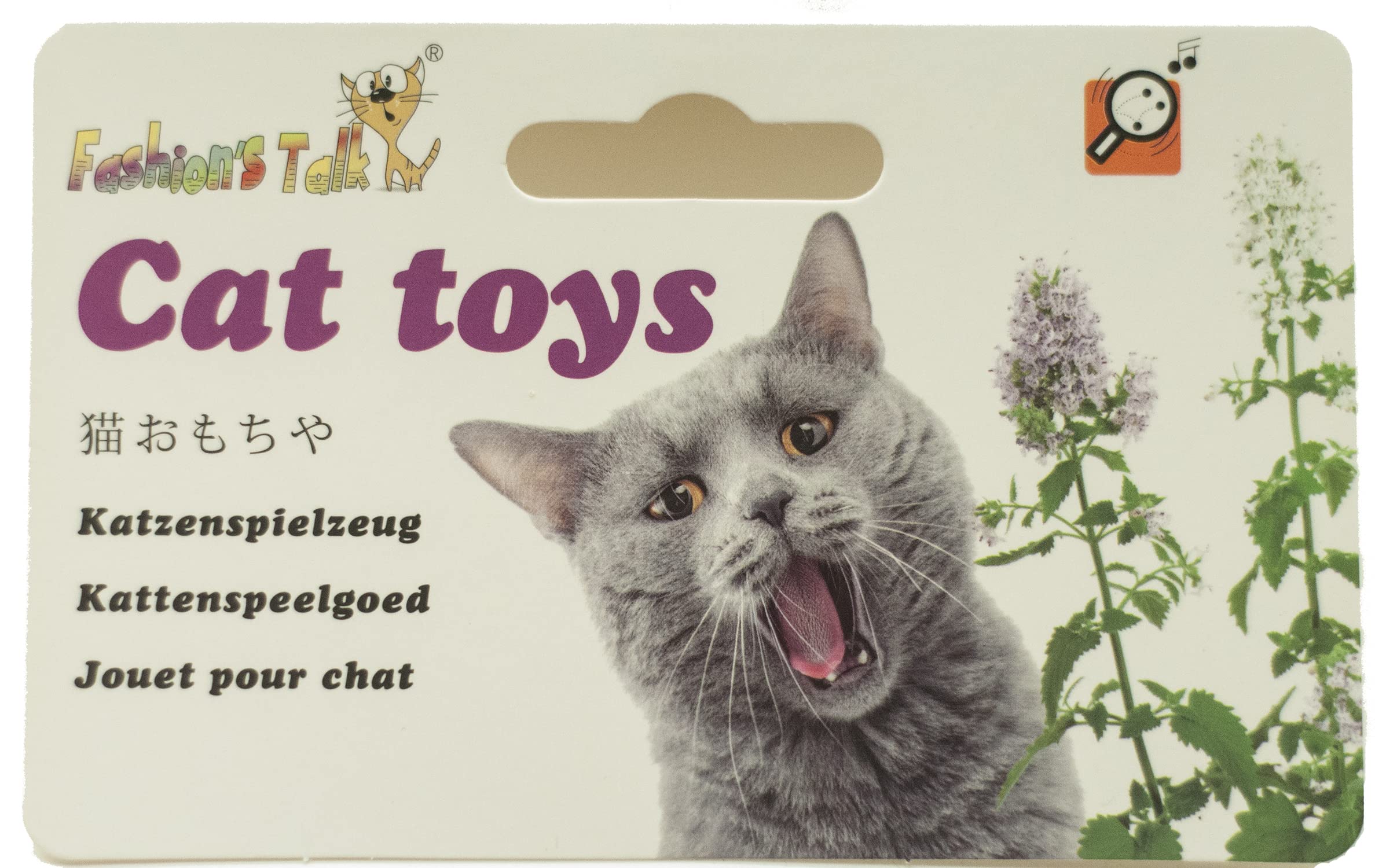 Fashion's Talk cat toy set shows 1.5-2 inch plush rattle balls