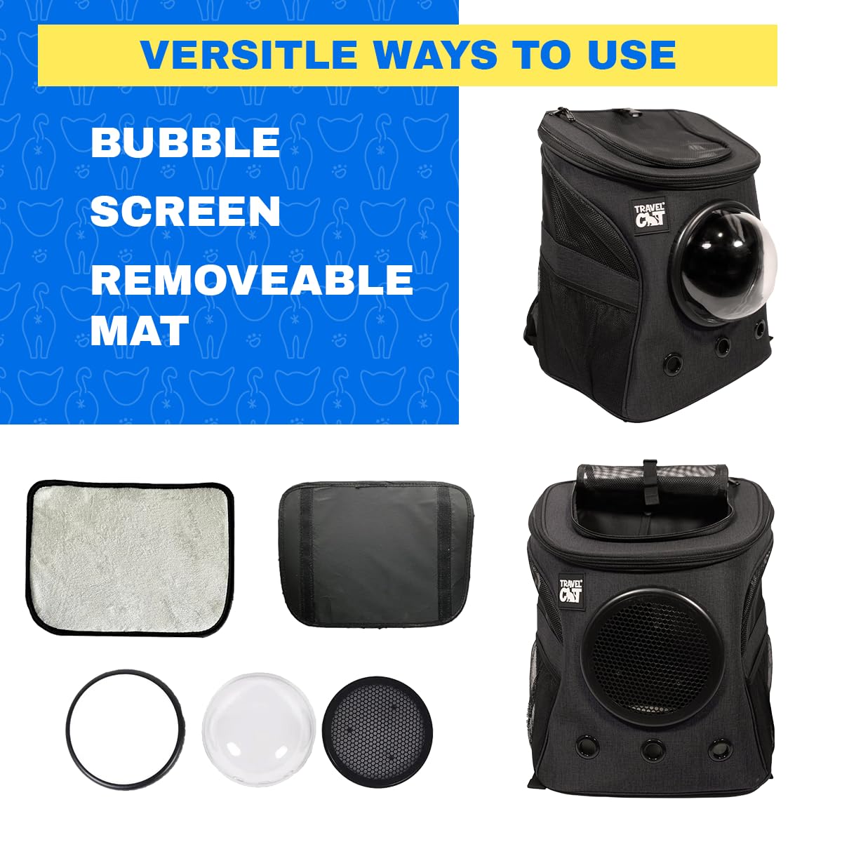 Fat Cat carrier ventilated mesh enables comfortable breathing during journeys.
