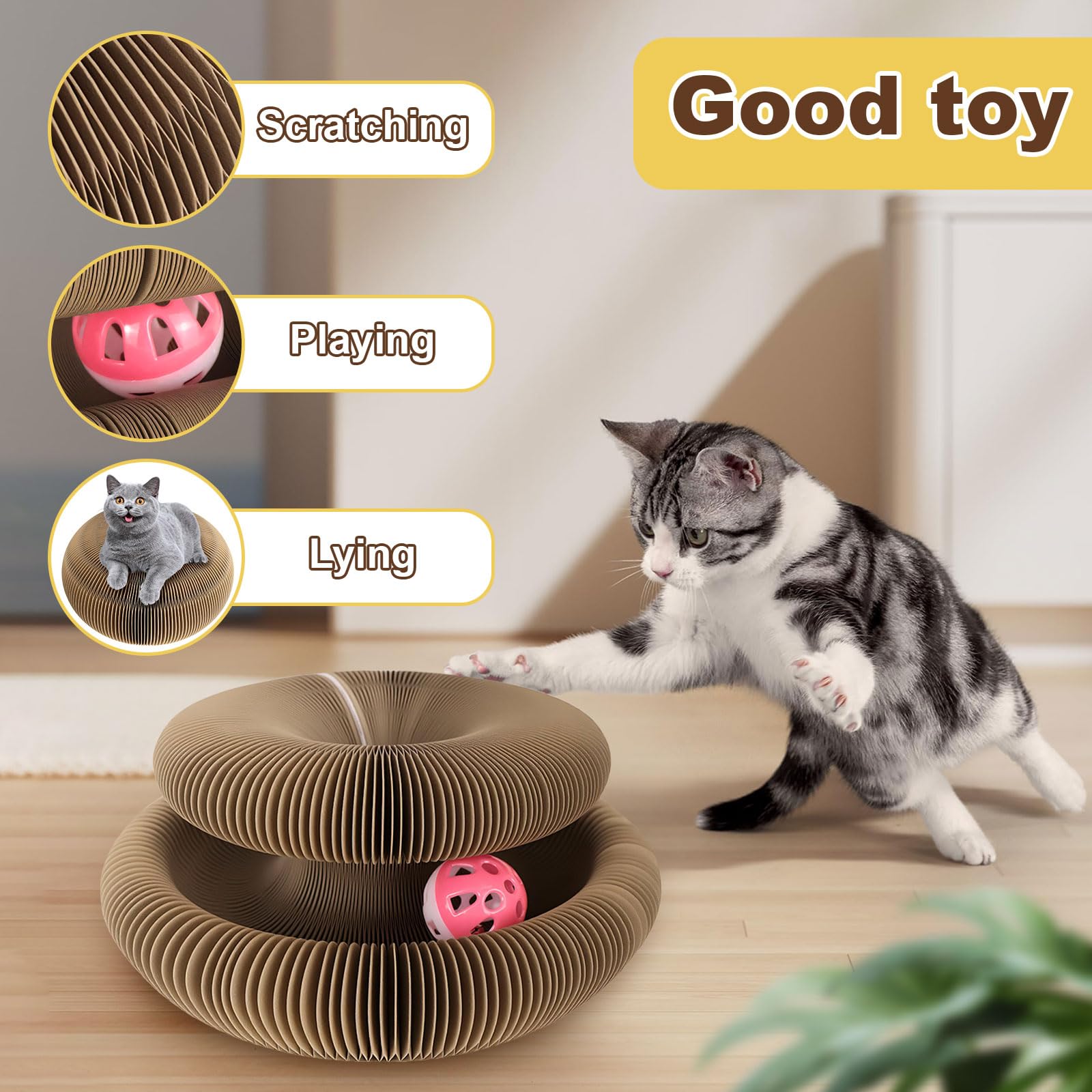 FATIRO Durable corrugated-paper surface provides textured scratching for cats.
