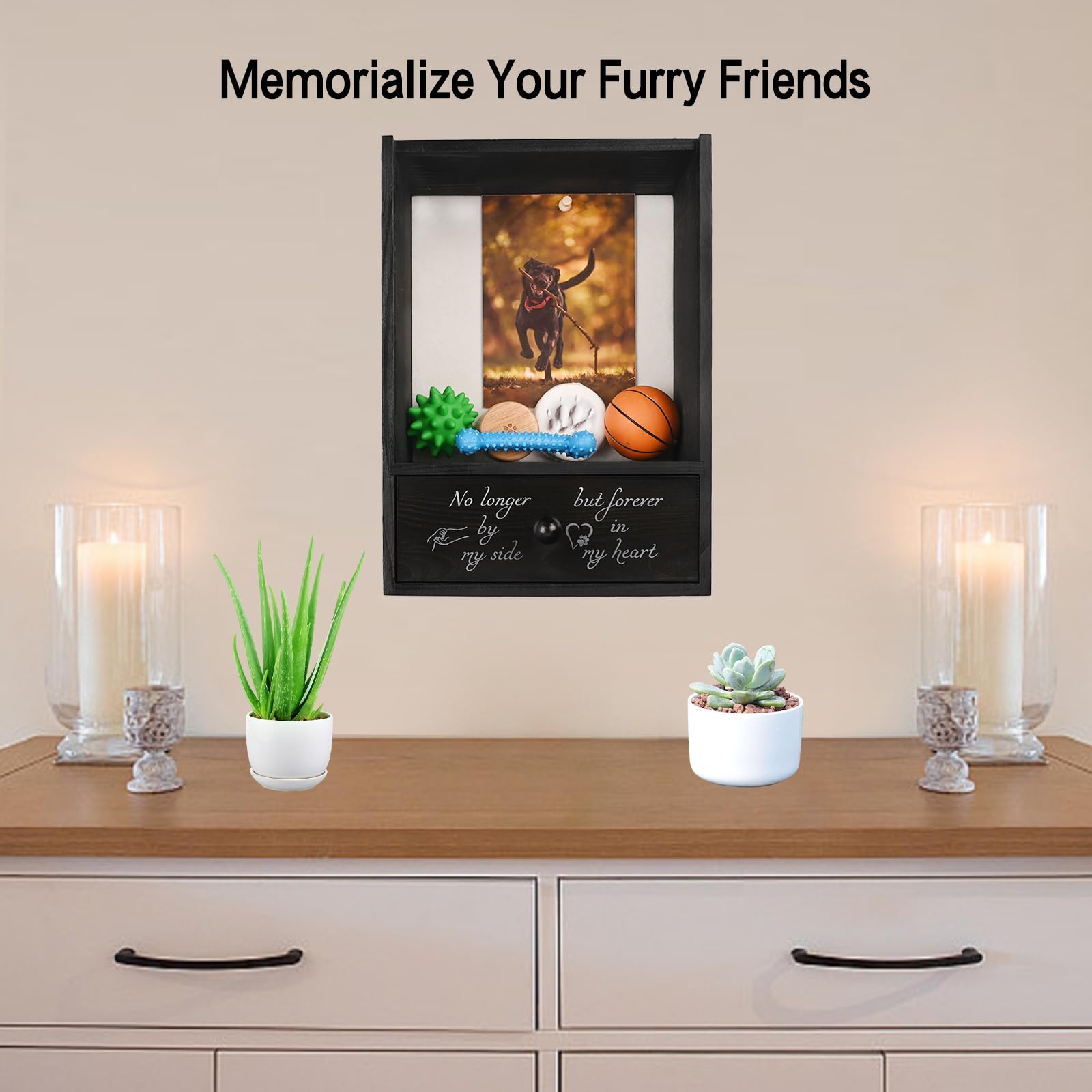 Favonuovy pet memorial shadow box drawer open shows compartments for paw prints, collars, and tags.