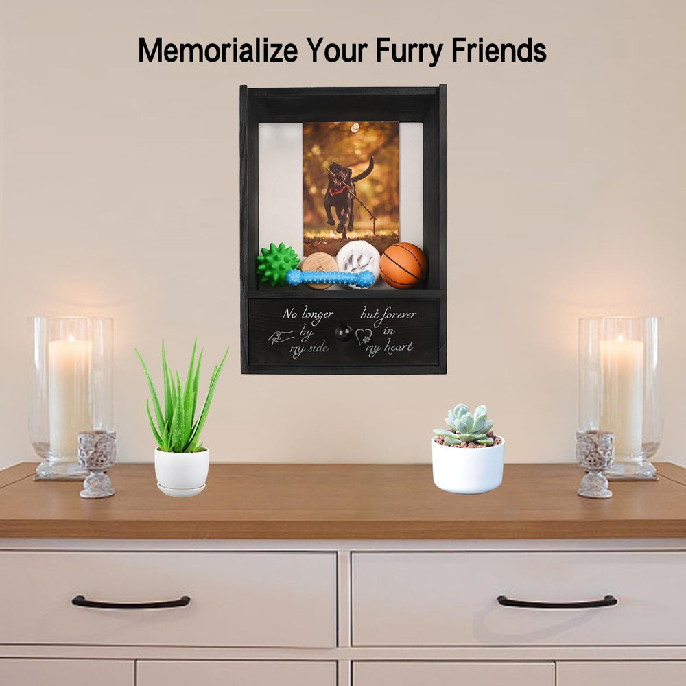 Favonuovy pet memorial shadow box drawer open shows compartments for paw prints, collars, and tags.