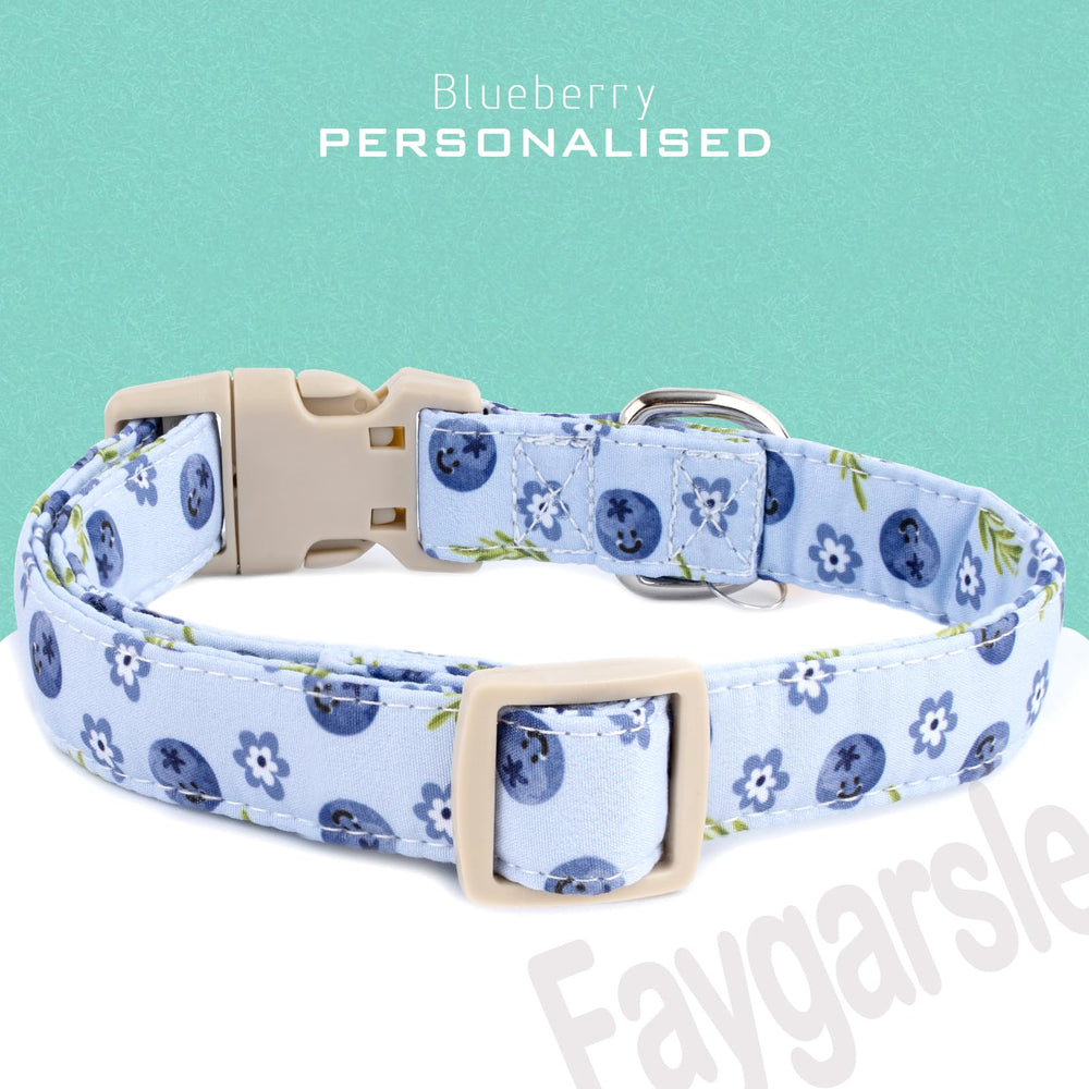 Faygarsle blueberry pattern collar buckle and D-ring detail for easy attachment