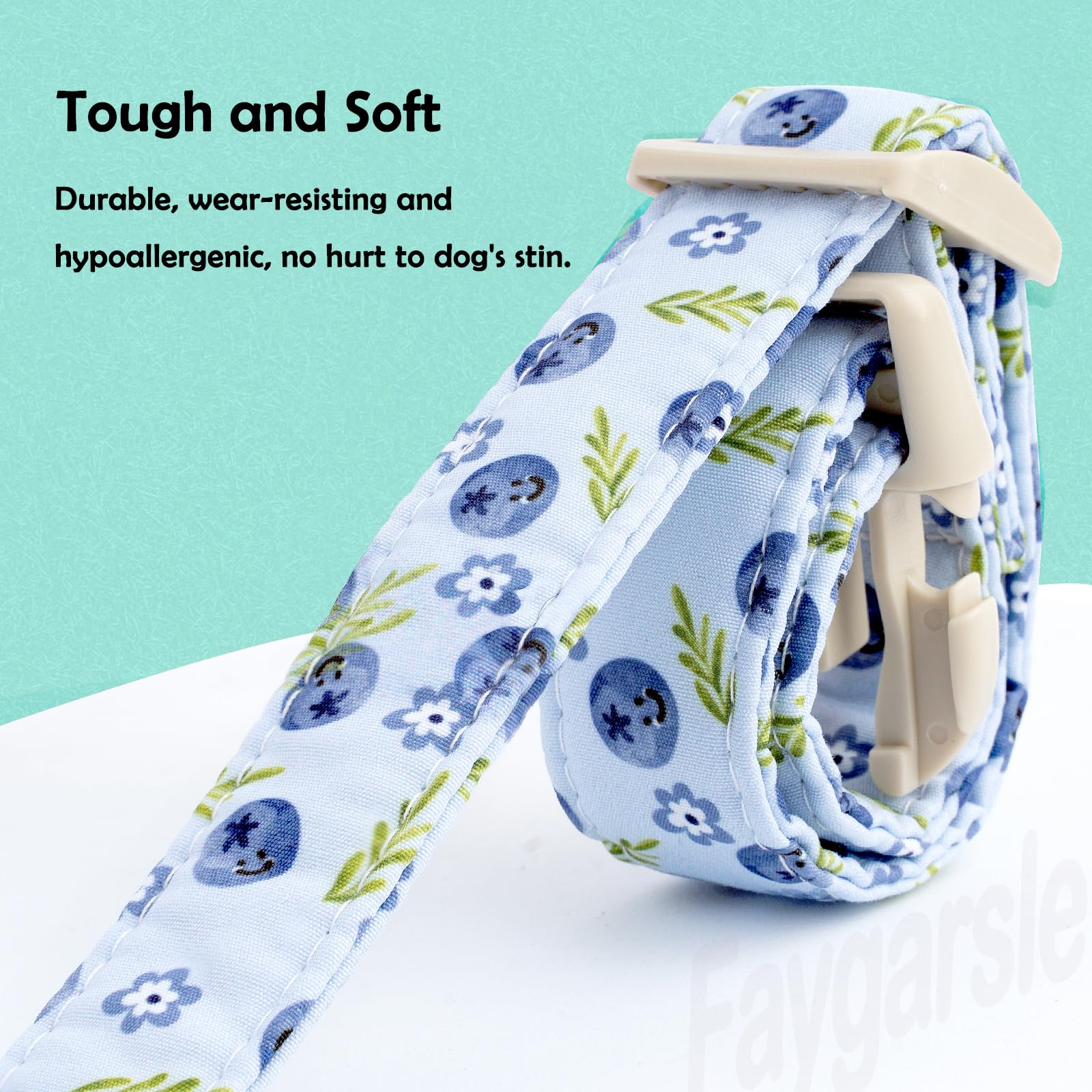 Faygarsle blueberry-pattern dog collar shows durable stitching for daily adventures.