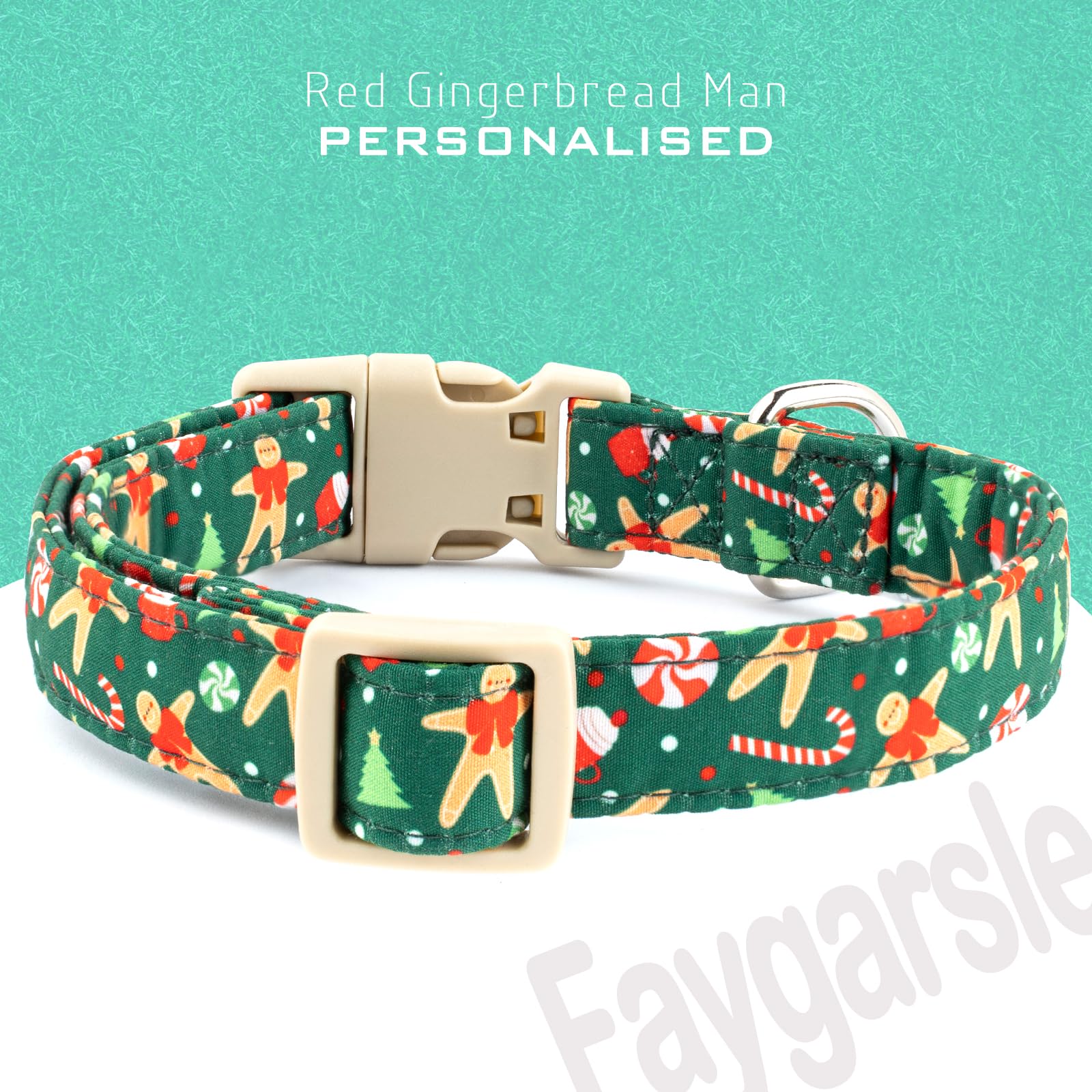 Faygarsle collar close up shows metal D-ring and secure buckle for leash attachment.