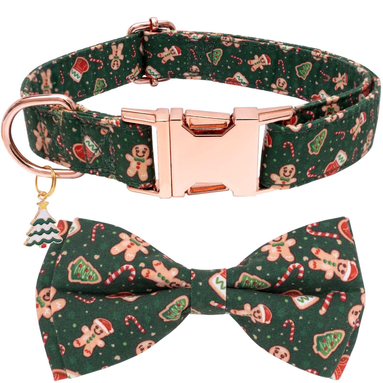 Faygarsle green dog collar closeup with Christmas pattern for festive holiday photos.