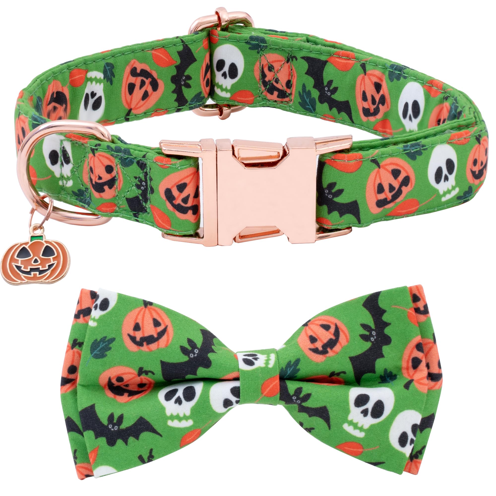 Faygarsle Halloween dog collar in green with a bow-tie for festive photos.