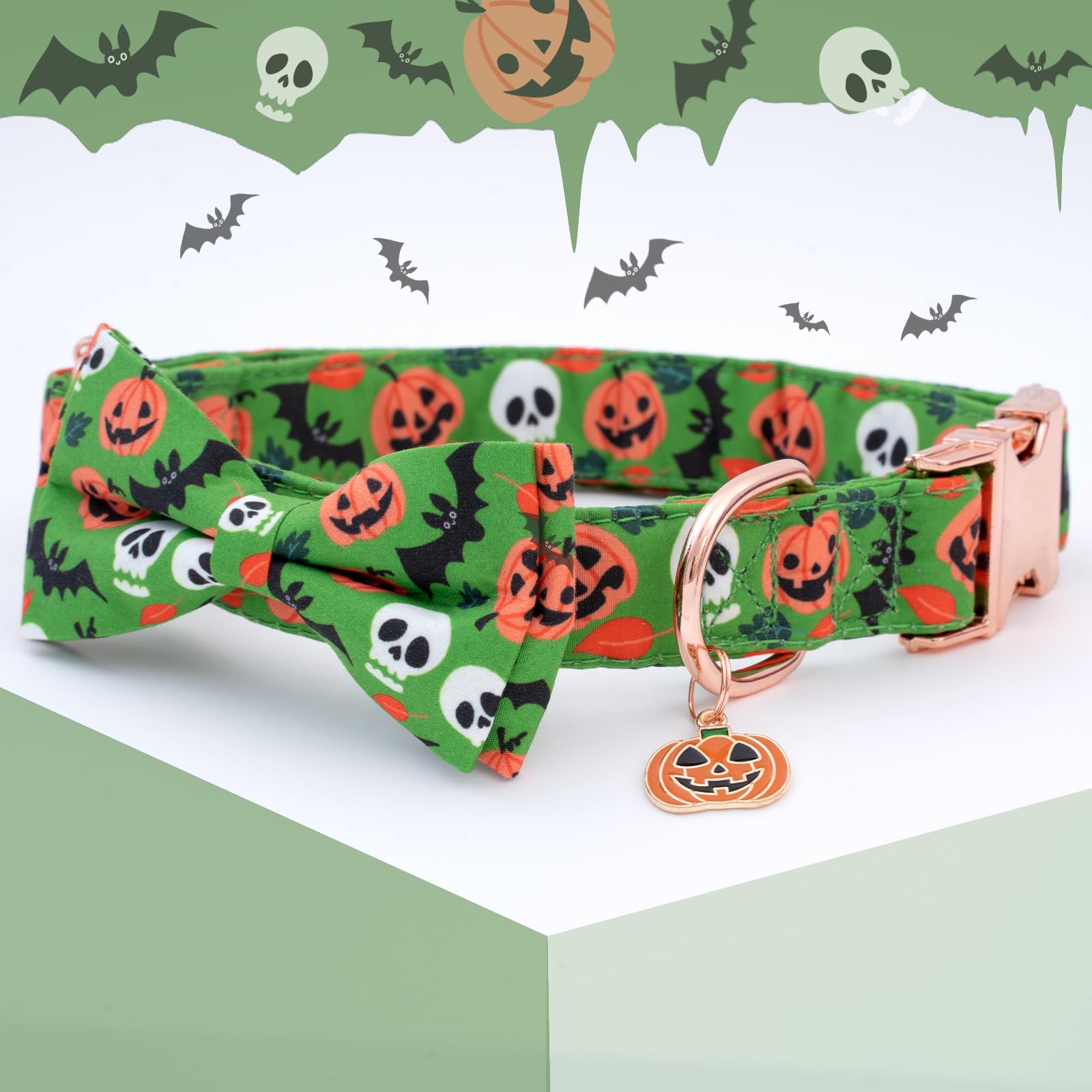 Faygarsle Halloween-pattern collar highlights skull bat pumpkin design for cute fall outings