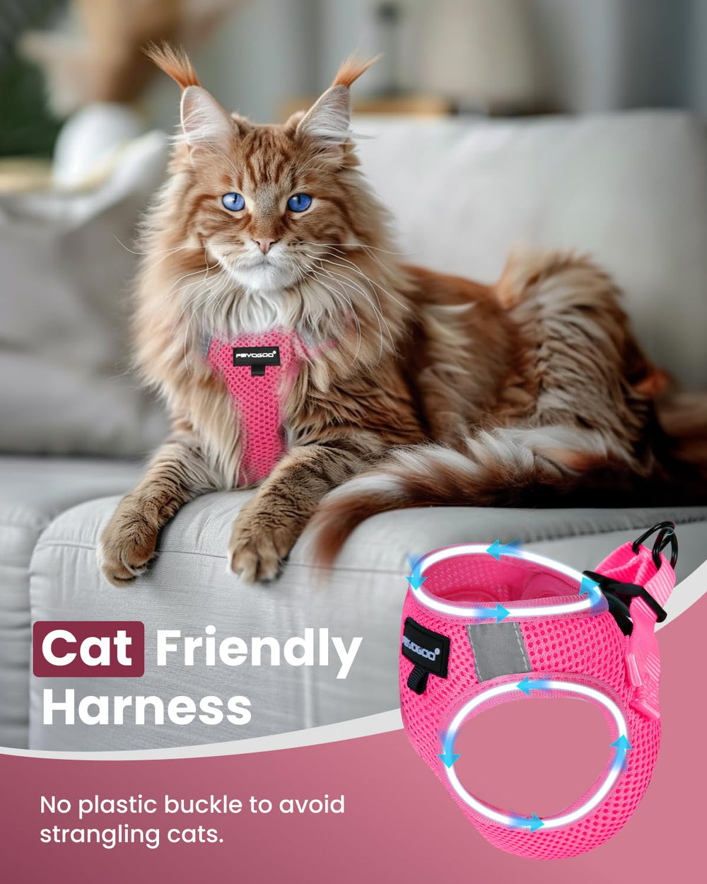 FAYOGOO cat harness with soft padding vest pink for all-day comfort.