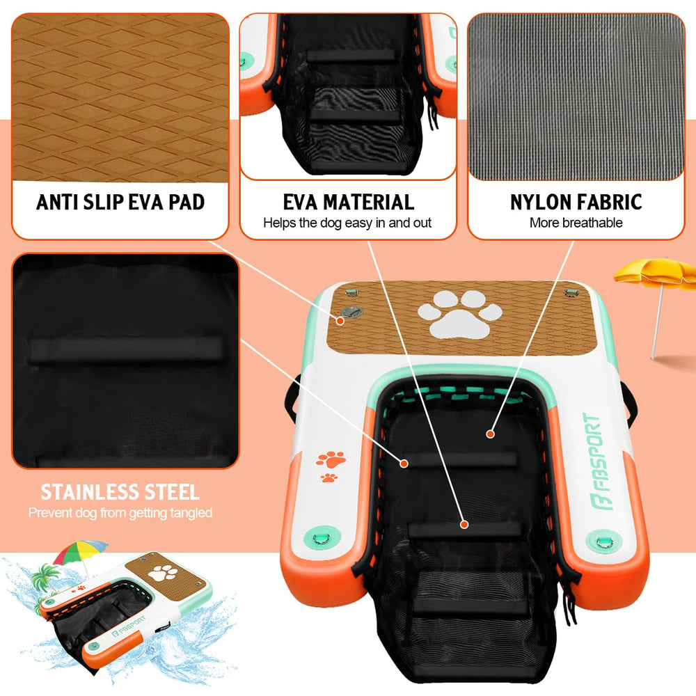 FBSPORT dog ramp attachment D-rings demonstrate secure setup for boats and pools