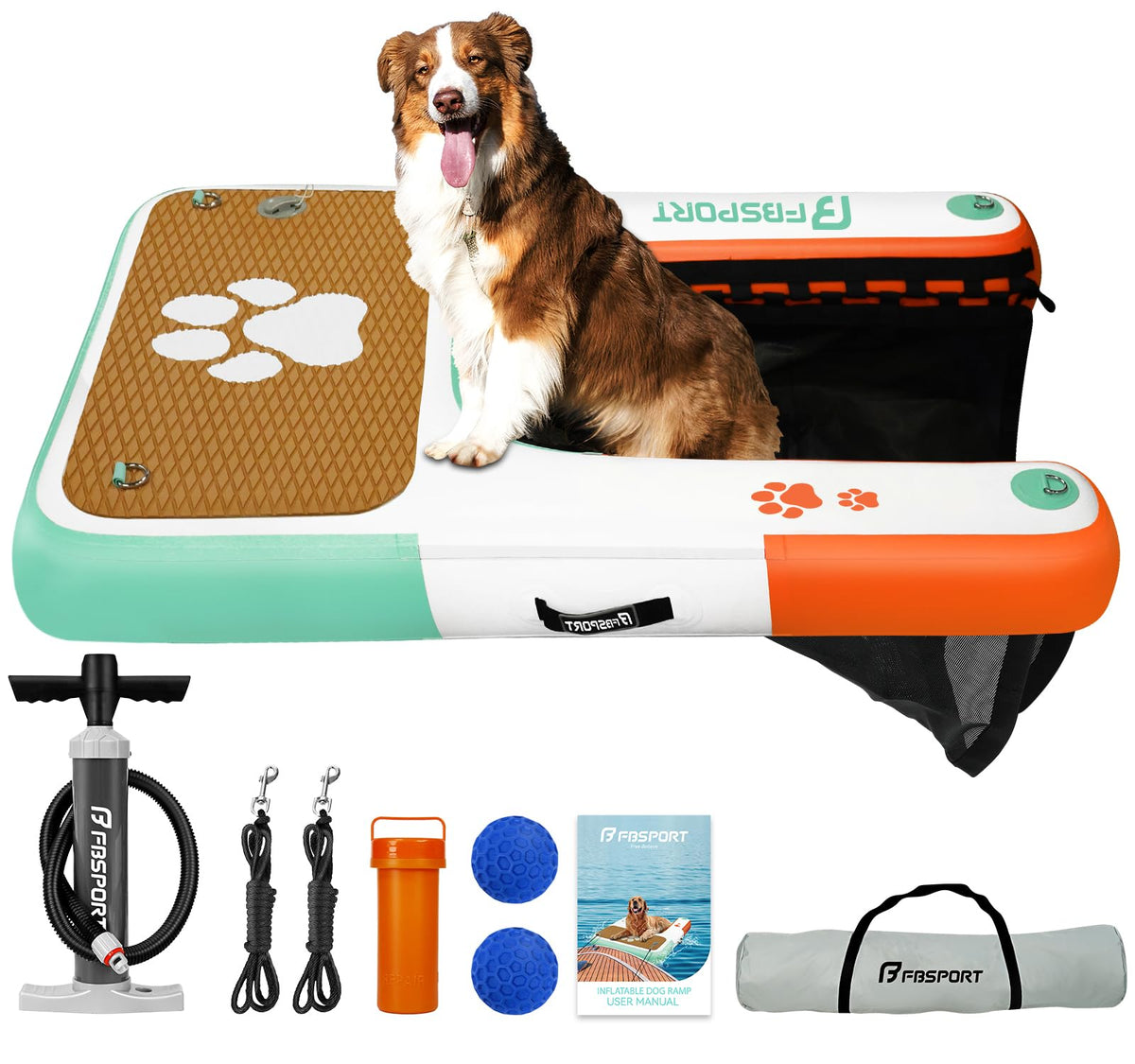FBSPORT dog boat ramp inflatable shows easy entry for pets at water level