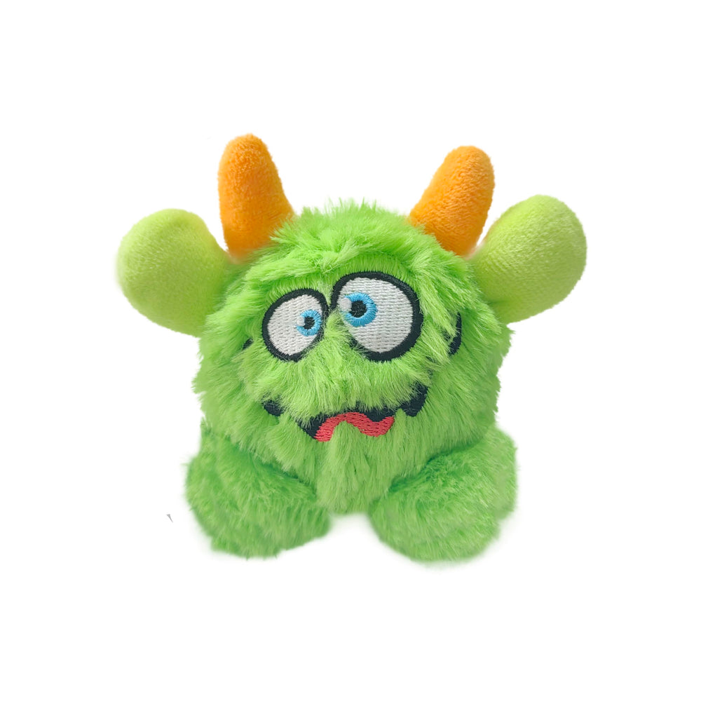 FCCUM plush squeaky dog toy ball green front view highlights curiosity during fetch