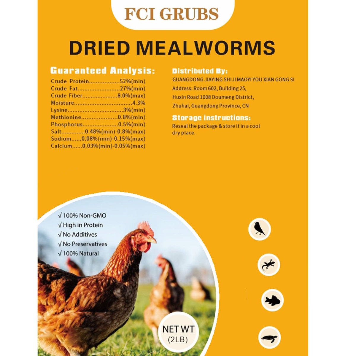 FCI GRUBS dried mealworms 2lb bag front, premium protein snack for poultry.