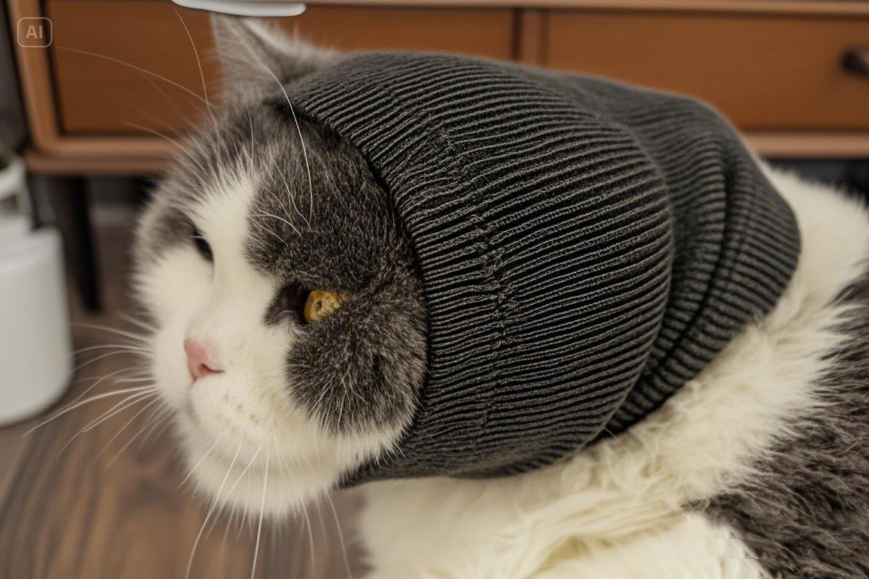 FDANDADE cat ear wrap soft mesh grey, side view, easy wrap for anxious cats