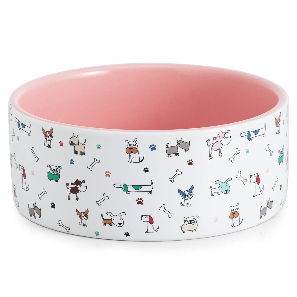 FE Fun Elements ceramic dog bowl with pink inside glaze, designed for easy cleaning.
