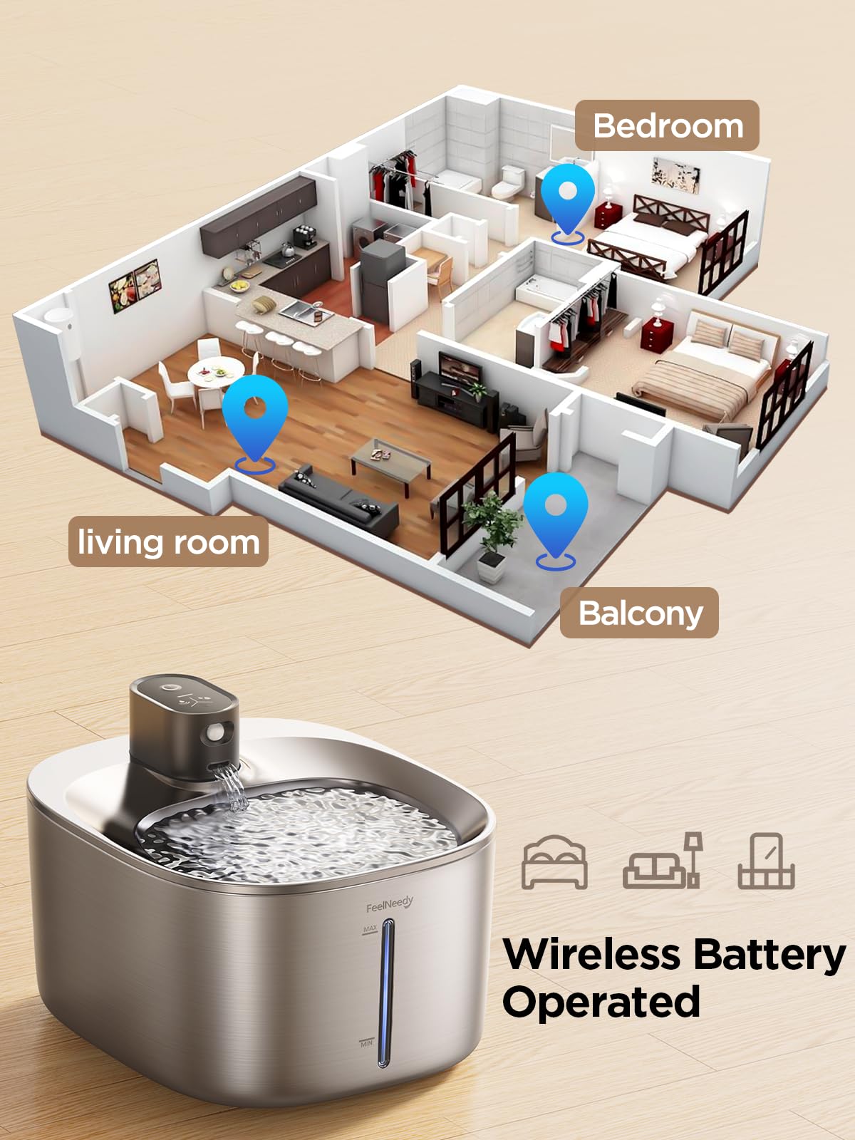FEELNEEDY stainless steel drinking area promotes hygienic sipping and easy cleaning.