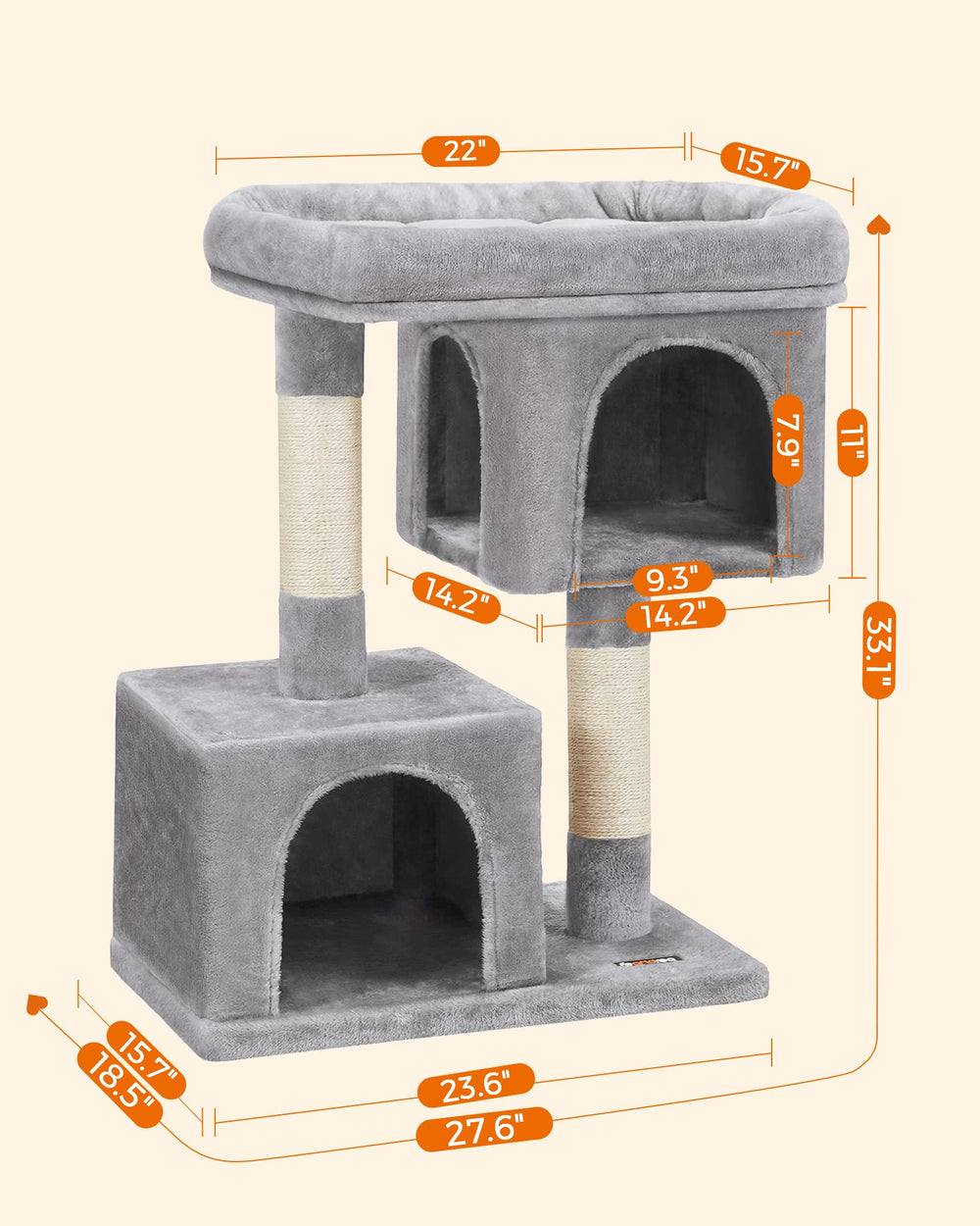 Feandrea cat-tree wide base with anti-tip kit enhances stability during play.