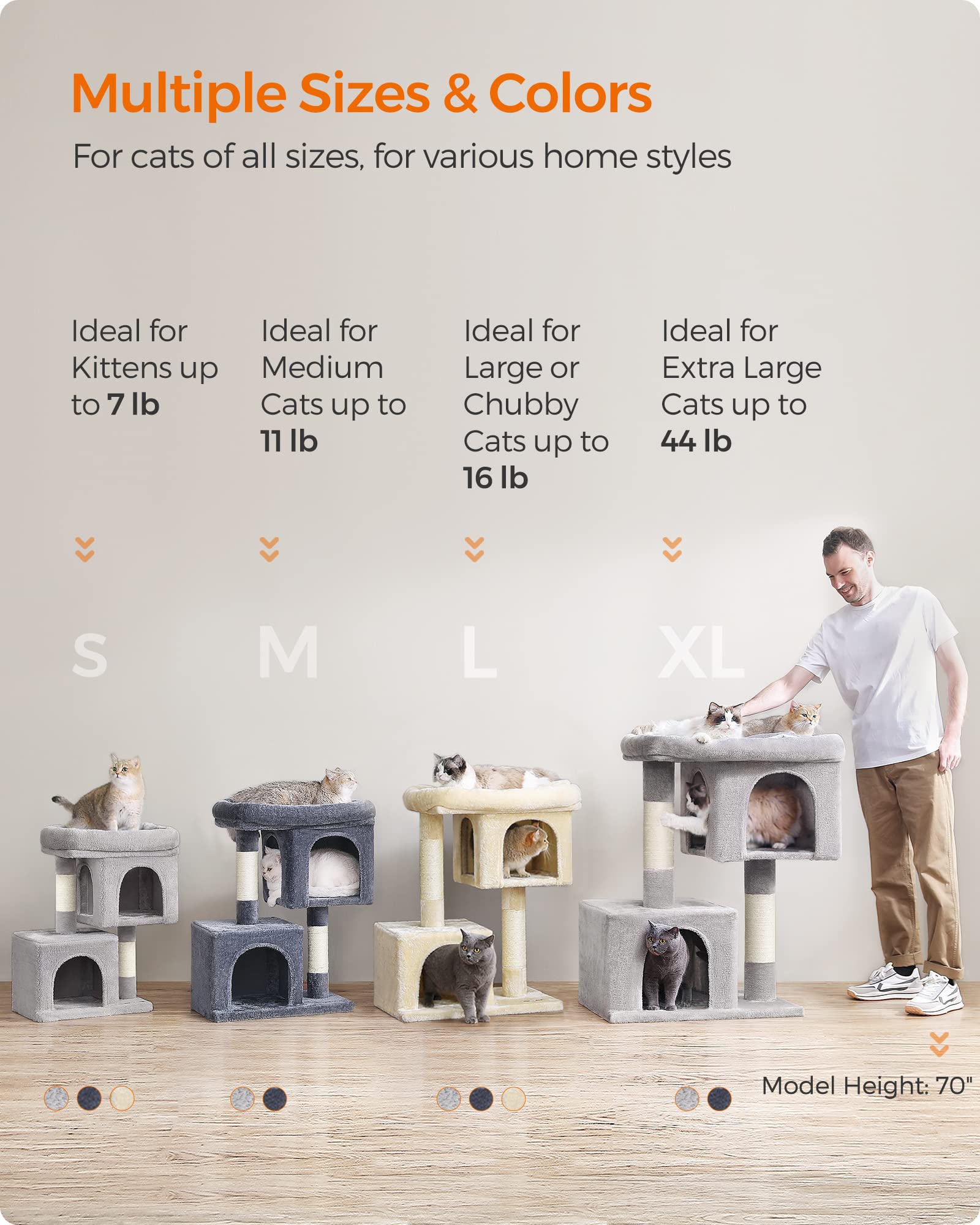 Feandrea cat-tree assembly steps illustrate quick, tool-friendly setup for indoors.