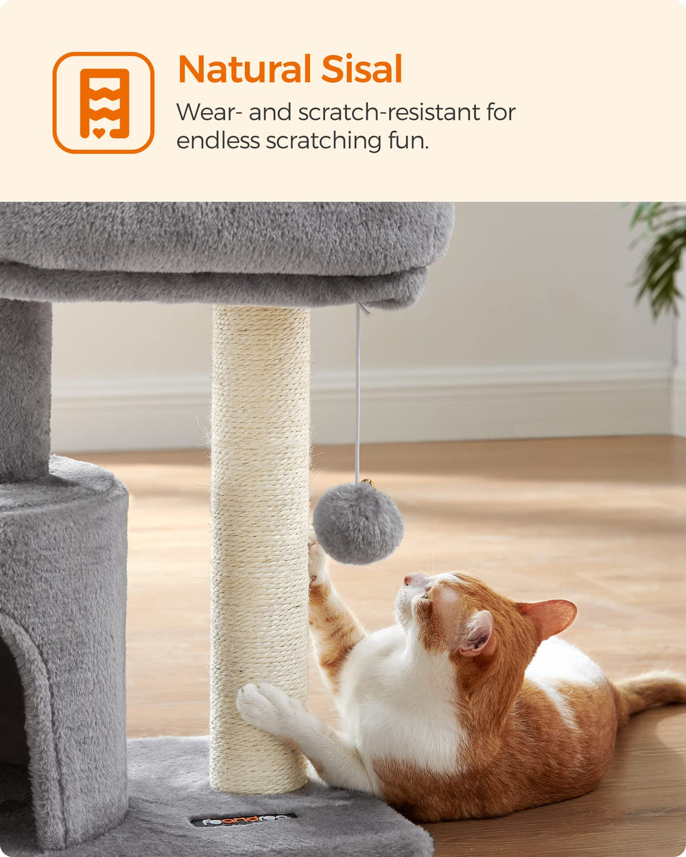 Feandrea cuddle cave on cat tree provides a secure retreat.