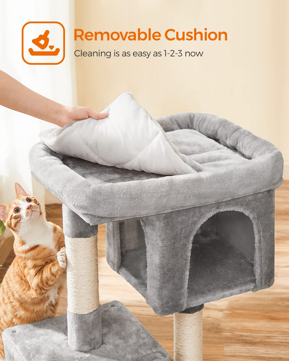 Feandrea cat-tree easy cleaning helps keep fur and crumbs off the perch.